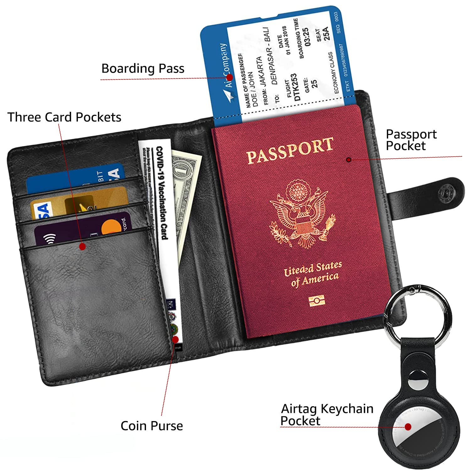 TOPSEM Travel Passport Wallet with Airtag Holder RFID Vaccine Card Holder Leather Cover for Men and Women Multiple Card Holders Black - View 2 of 8