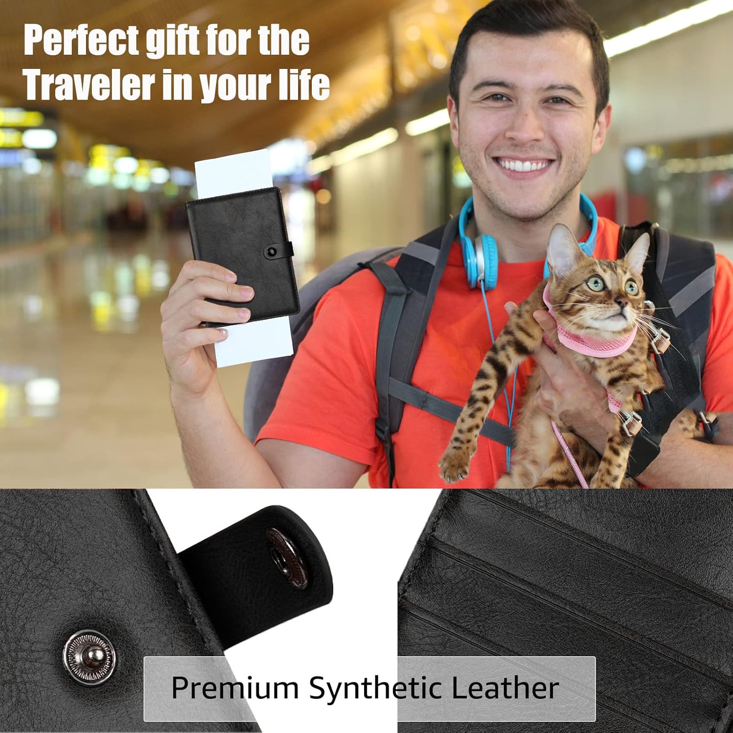 TOPSEM Travel Passport Wallet with Airtag Holder RFID Vaccine Card Holder Leather Cover for Men and Women Multiple Card Holders Black - View 5 of 8