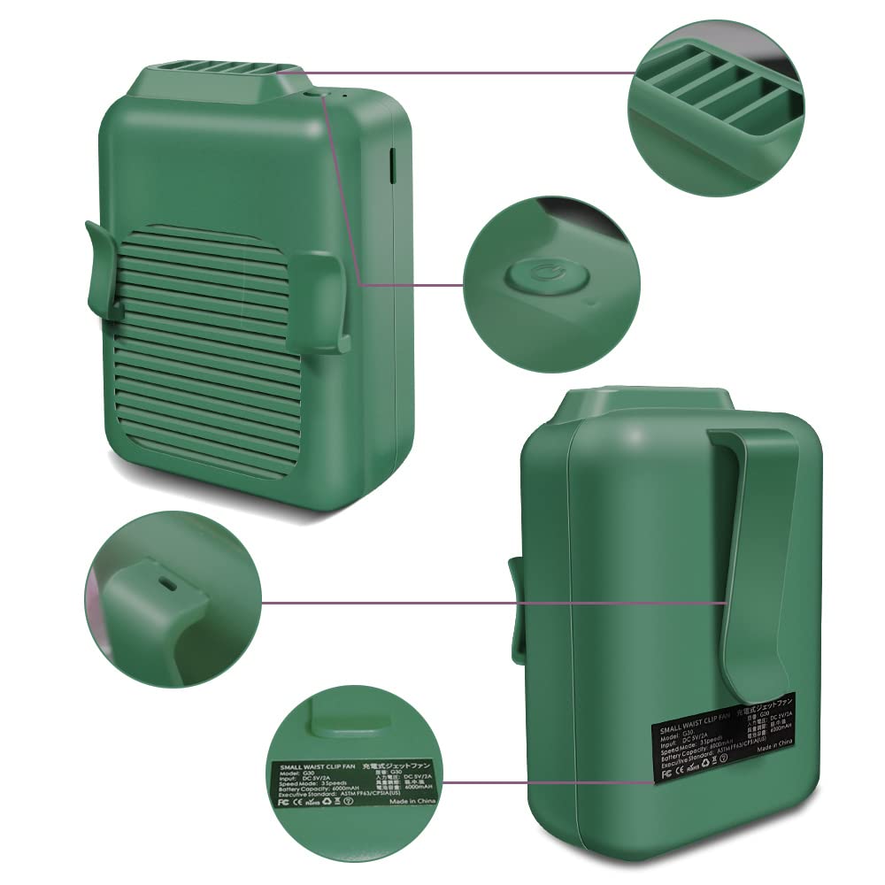 CAZOKASI CAZOKASI Portable Waist Clip Fan 6000mAh Long Endurance Up to 23 Hours Green Wearable Design for Ultimate Comfort - View 4 of 4