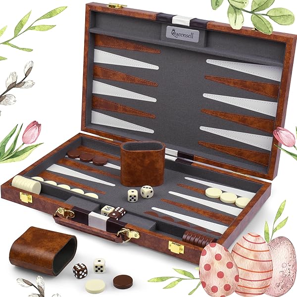 Queensell Large Backgammon Set 15 Inch Premium Board Game for 2 Players Adults and Kids with 32 Pieces in Quality PU Leather Case Gift for Men
