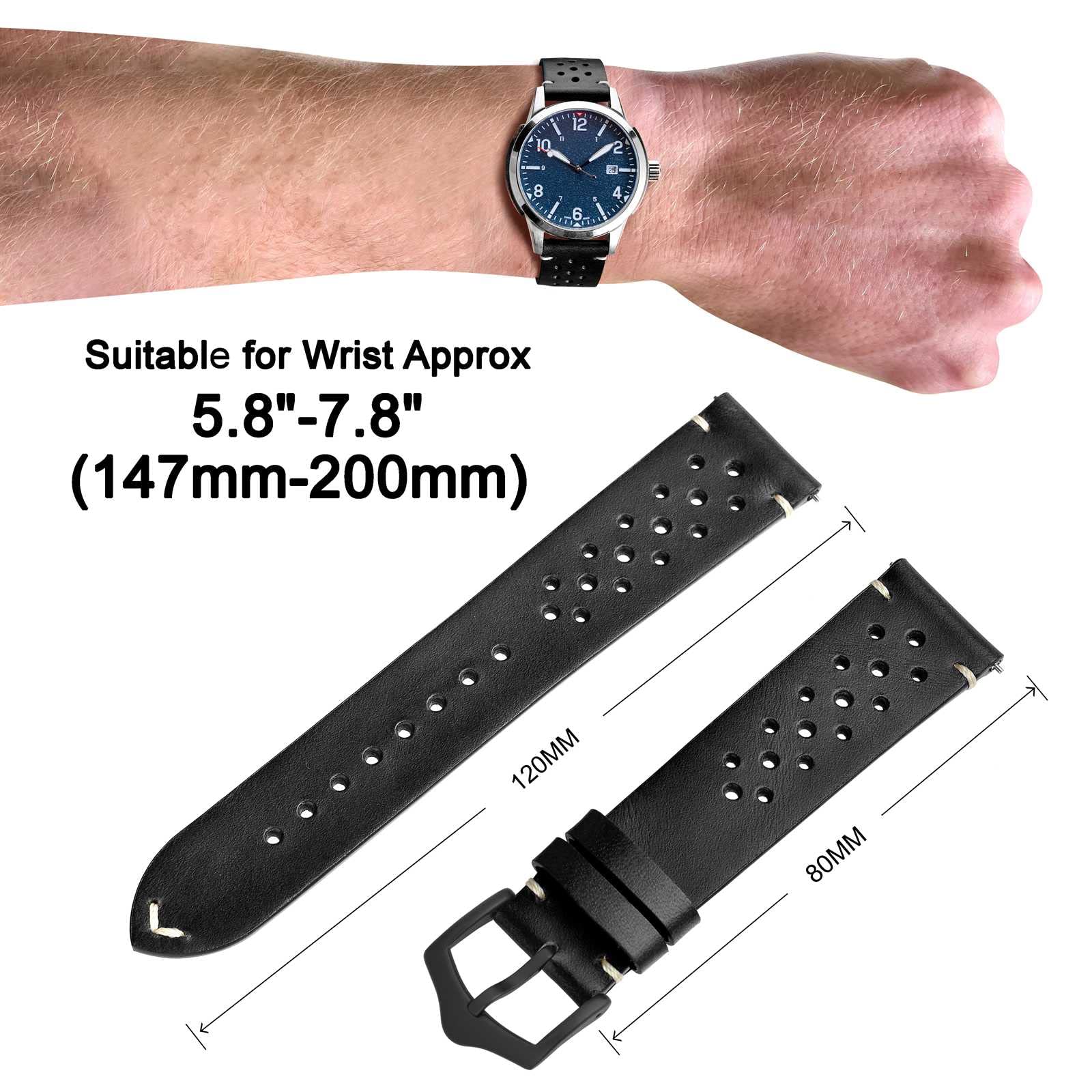 ANNEFIT Vintage Leather Watch Strap 20mm, Quick Release Replacement Band for Men and Women with Black Buckle (Black) - View 3 of 9