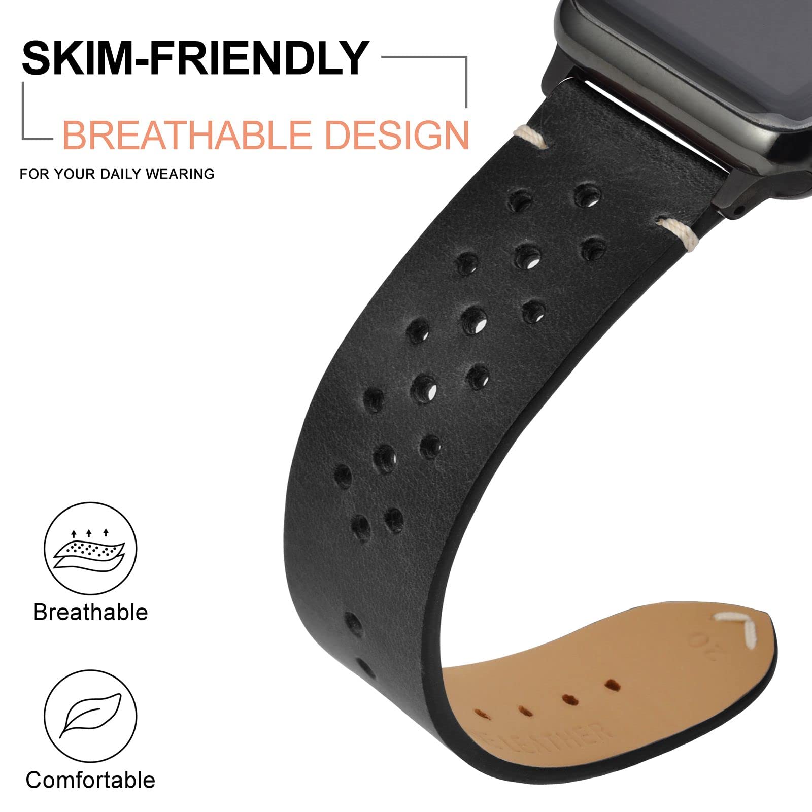 ANNEFIT Vintage Leather Watch Strap 20mm, Quick Release Replacement Band for Men and Women with Black Buckle (Black) - View 4 of 9