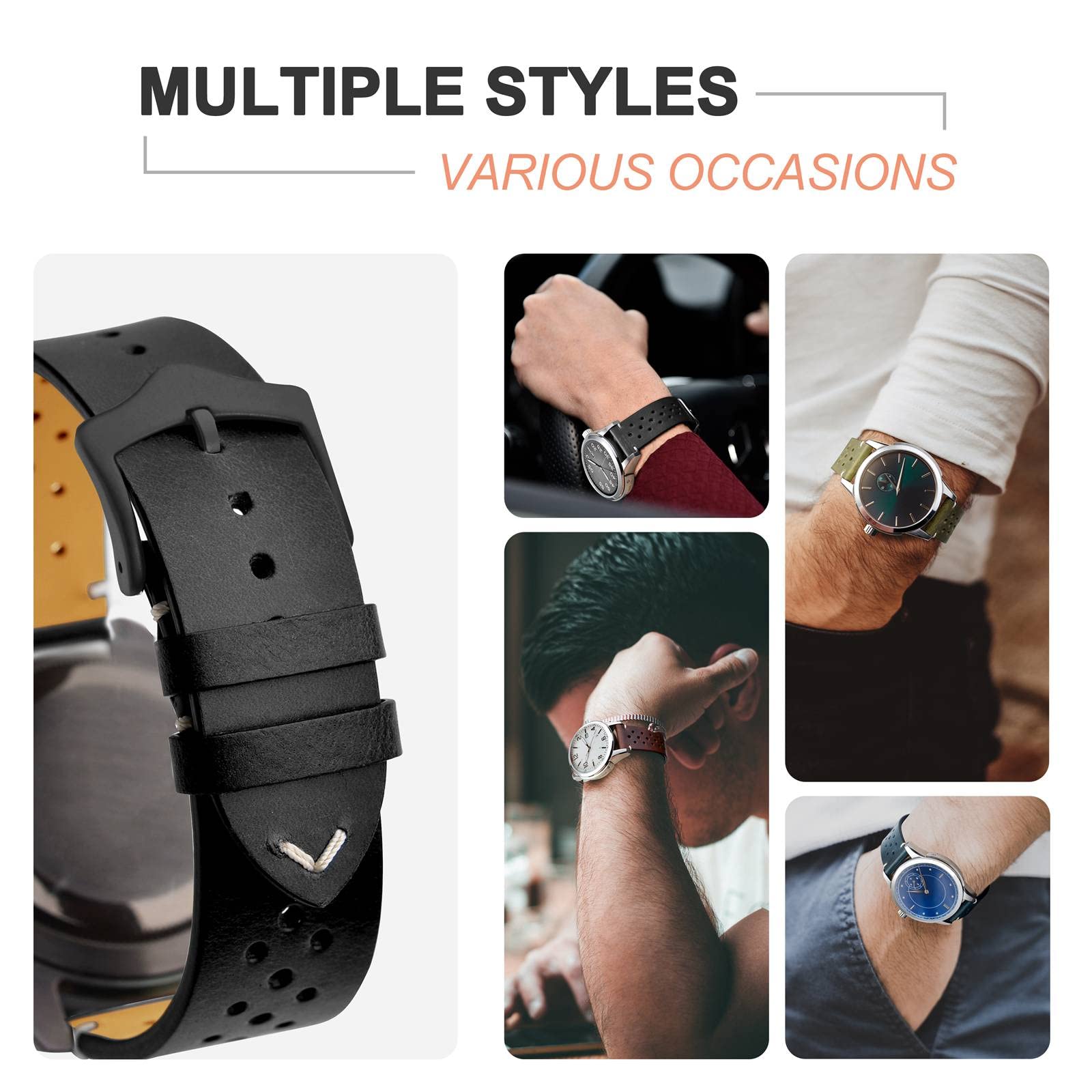 ANNEFIT Vintage Leather Watch Strap 20mm, Quick Release Replacement Band for Men and Women with Black Buckle (Black) - View 7 of 9