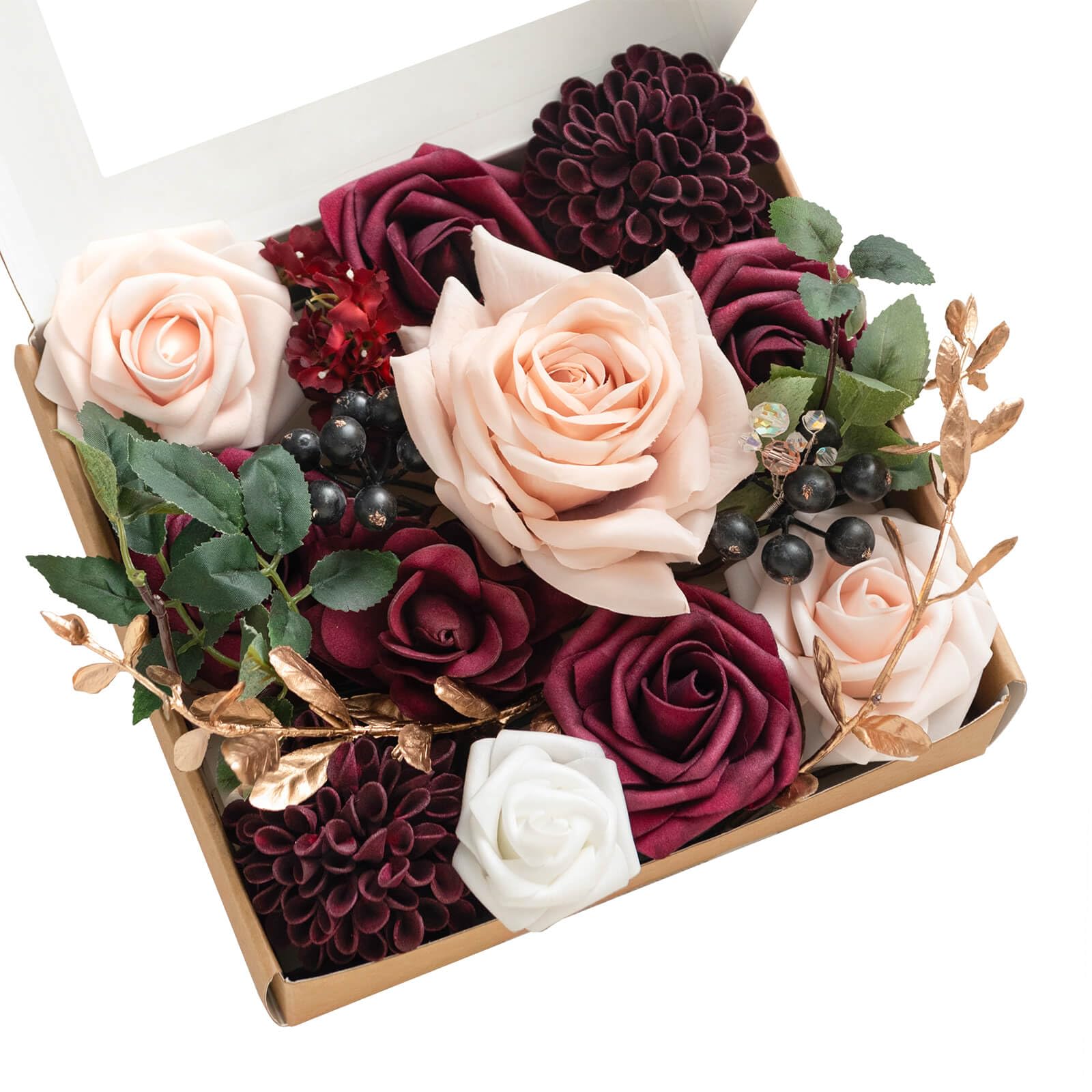 Ling's moment Burgundy Artificial Flowers and Greenery Mini Combo Box Set, Marsala and Blush Fake Flower for DIY Wedding Bridal Bouquet, Centerpieces