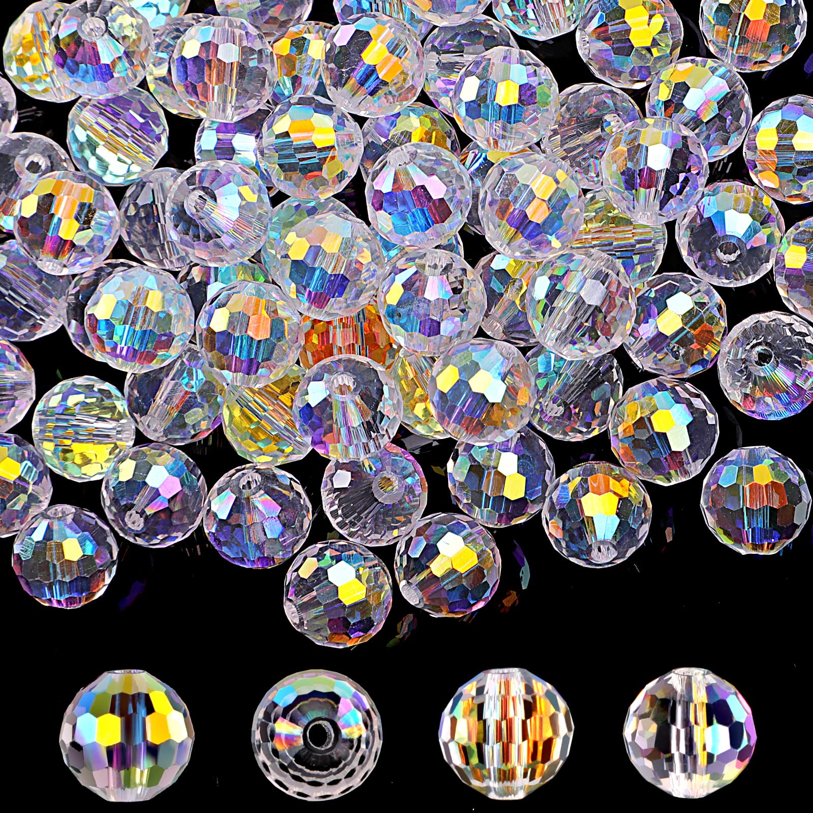 Crystal Glass Beads for Jewelry Making, 80 Pieces Crystal Beads, 10mm Glass Beads, Round Faceted Beads Bulk for Craft Necklace Bracelet Earring (AB