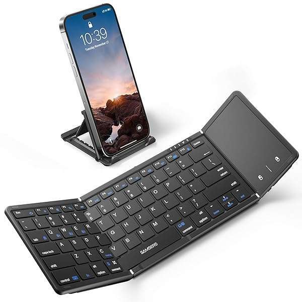 Samsers Samsers Foldable Bluetooth Keyboard with Touchpad, Full-Size Wireless Folding Keyboard with PU Leather, Portable Travel Keyboard for iOS Android Windows Mac OS, Support 3 Devices (BT5.1 x 3), Black