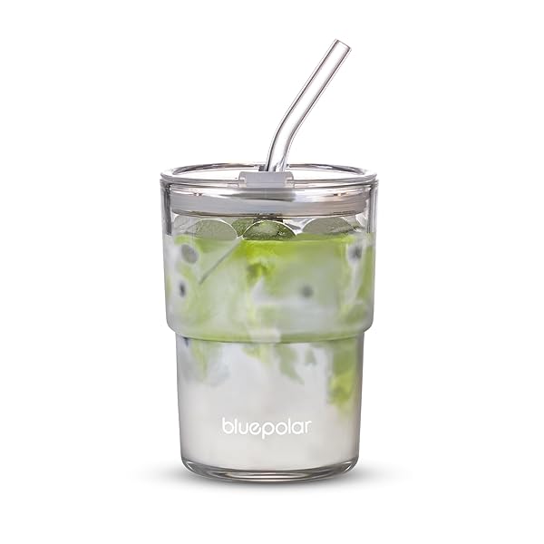 BLUEPOLAR BLUEPOLAR 13oz Glass Water Tumbler with Straw and Lid Thick Wall Iced Coffee Cup for Water Iced Tea Fruit Juice Aurora White
