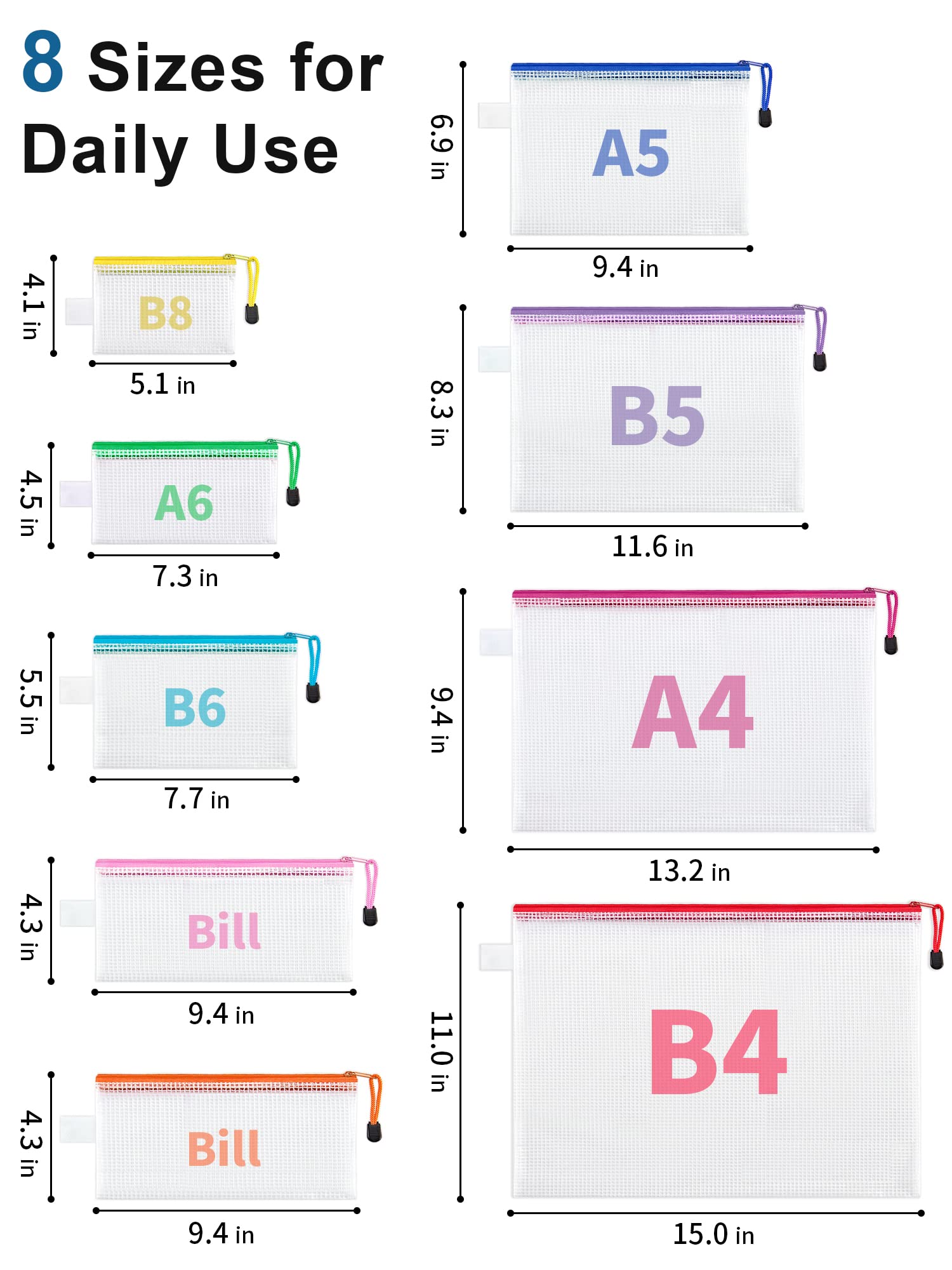 JARLINK 24pcs Mesh Zipper Pouch 12 Colors, 8 Sizes Waterproof Zipper Bags for Board Games Storage, Organization Pouches for School Supplies, Office - View 2 of 7