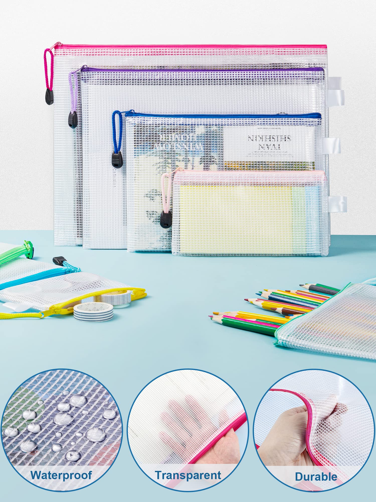 JARLINK 24pcs Mesh Zipper Pouch 12 Colors, 8 Sizes Waterproof Zipper Bags for Board Games Storage, Organization Pouches for School Supplies, Office - View 5 of 7