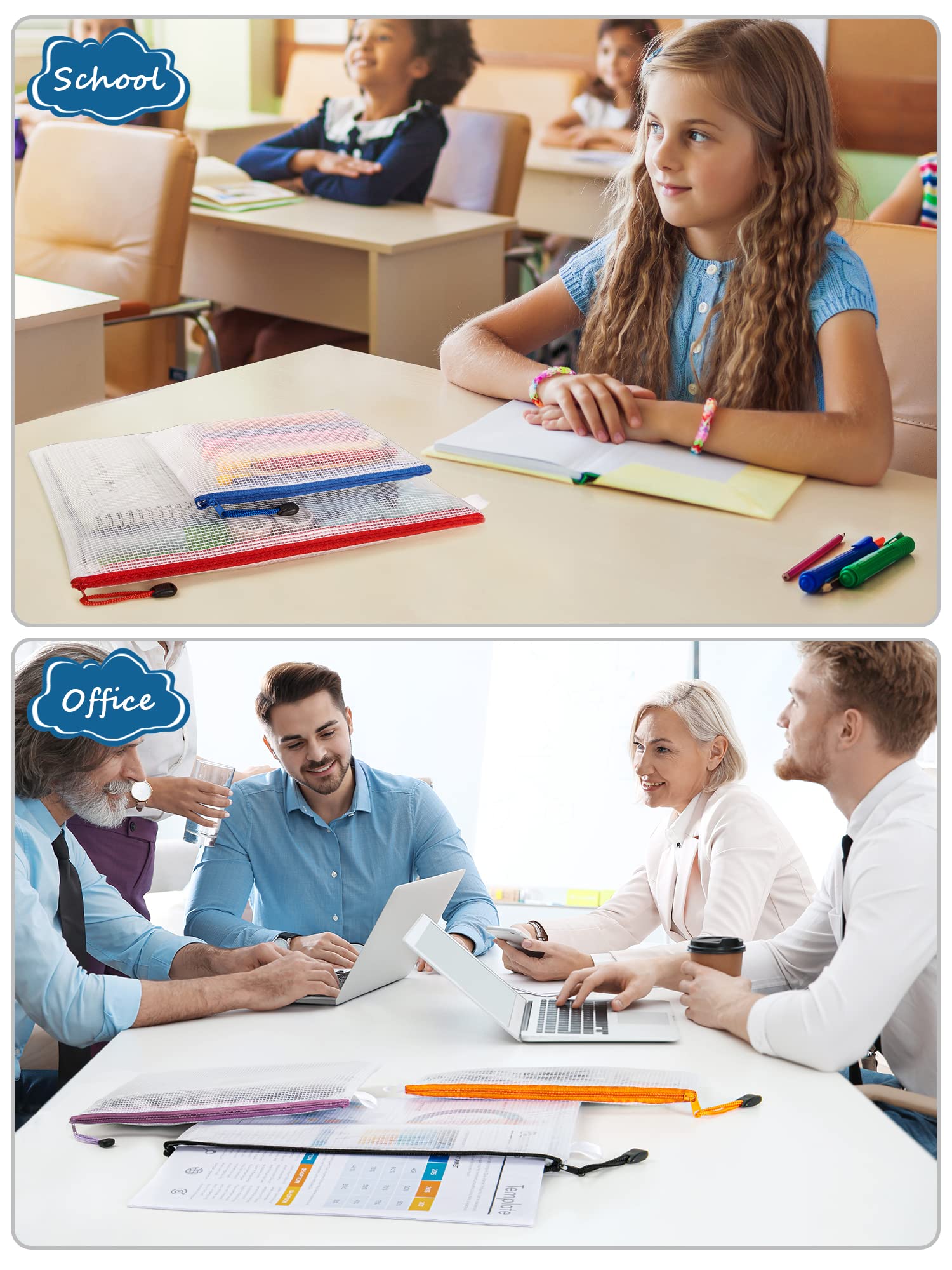 JARLINK 24pcs Mesh Zipper Pouch 12 Colors, 8 Sizes Waterproof Zipper Bags for Board Games Storage, Organization Pouches for School Supplies, Office - View 6 of 7