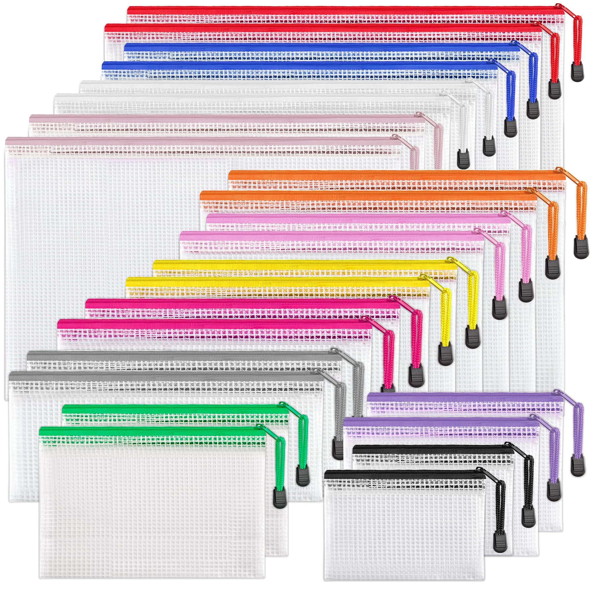 JARLINK 24pcs Mesh Zipper Pouch 12 Colors, 8 Sizes Waterproof Zipper Bags for Board Games Storage, Organization Pouches for School Supplies, Office