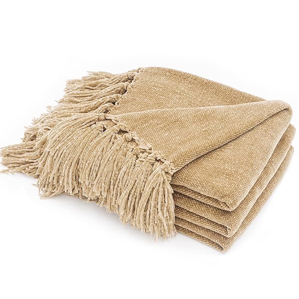 RECYCO Recyco Soft Cozy Chenille Throw Blanket with Fringe Tassel for Couch Sofa Chair Bed Living Room Gift Beige 60 x 80