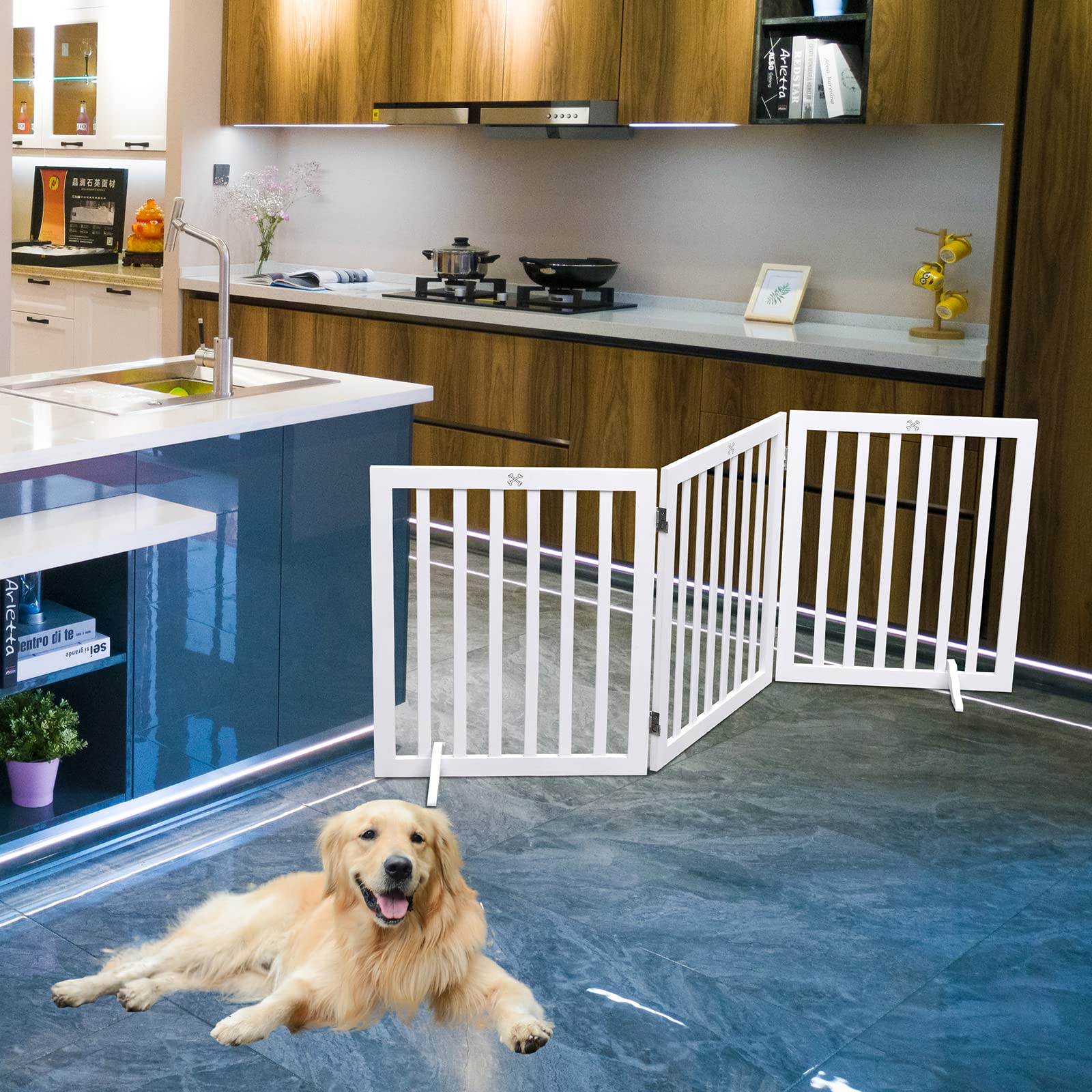 JINHYUMY Wooden Freestanding Dog Gate Indoor Pet Fence 3 Panel 23.6 Inch Height for Doorways and Stairs White - View 2 of 7