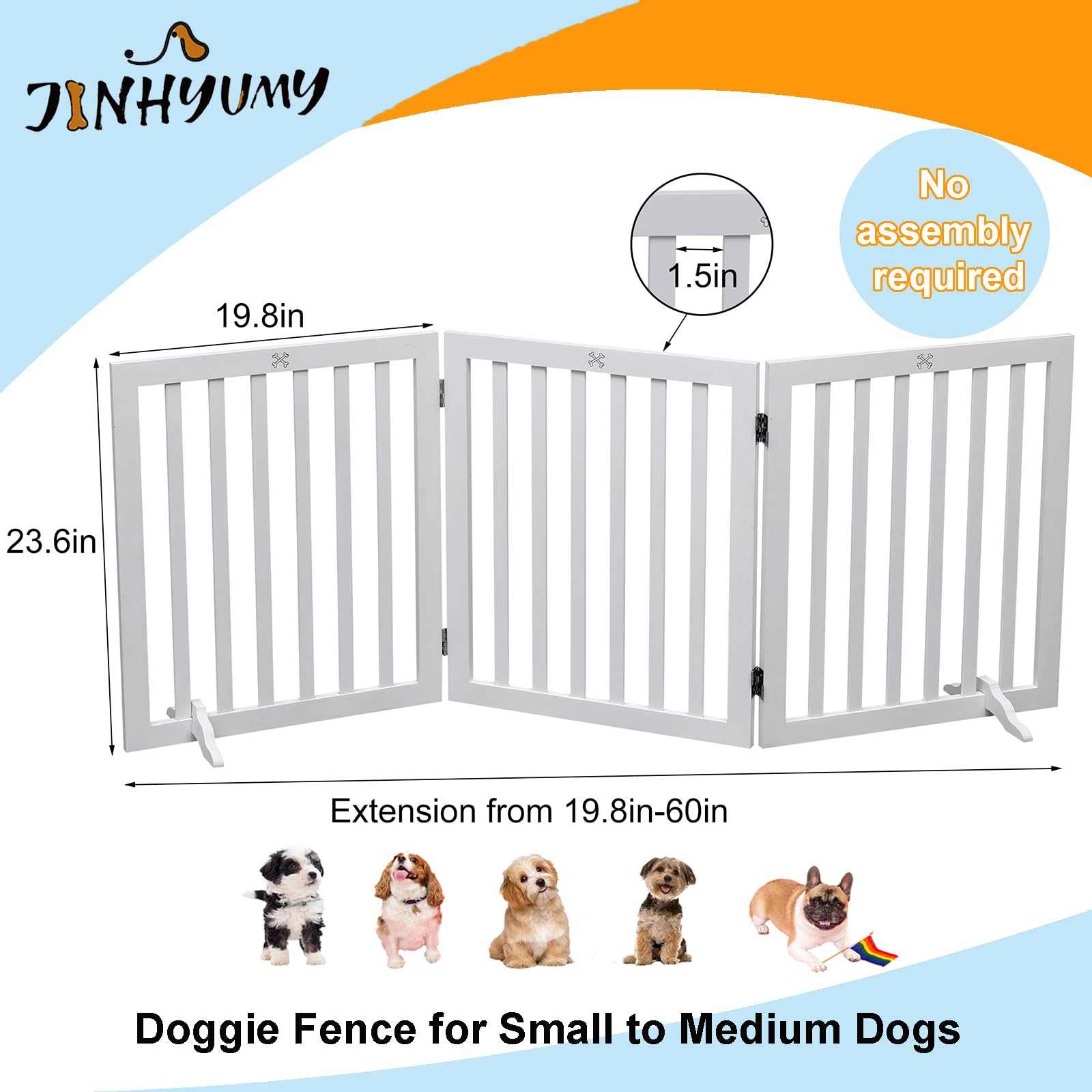 JINHYUMY Wooden Freestanding Dog Gate Indoor Pet Fence 3 Panel 23.6 Inch Height for Doorways and Stairs White - View 3 of 7