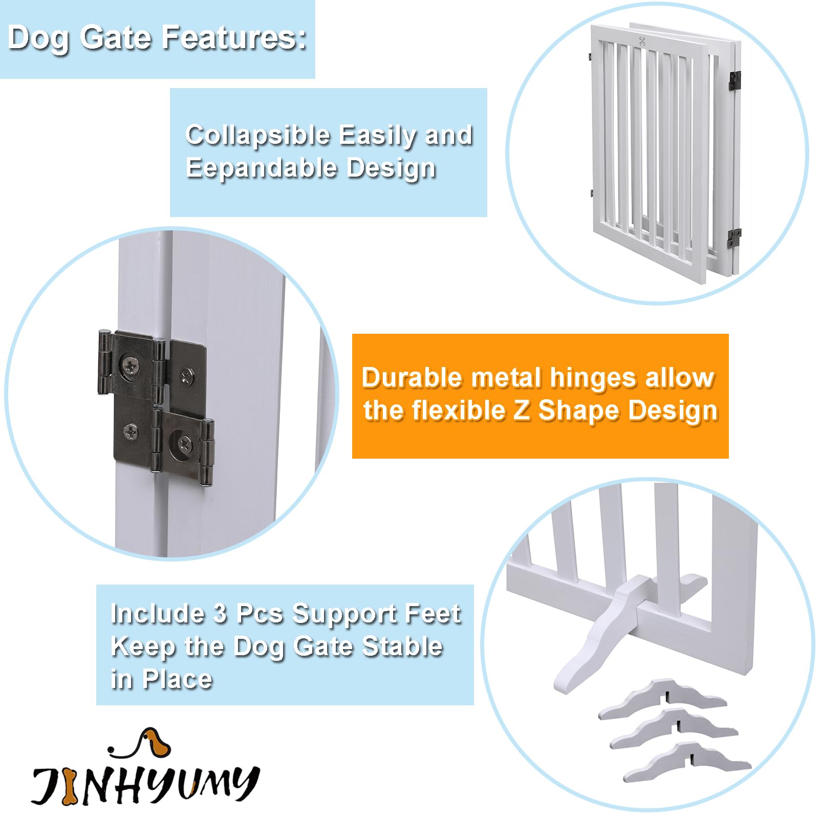JINHYUMY Wooden Freestanding Dog Gate Indoor Pet Fence 3 Panel 23.6 Inch Height for Doorways and Stairs White - View 4 of 7