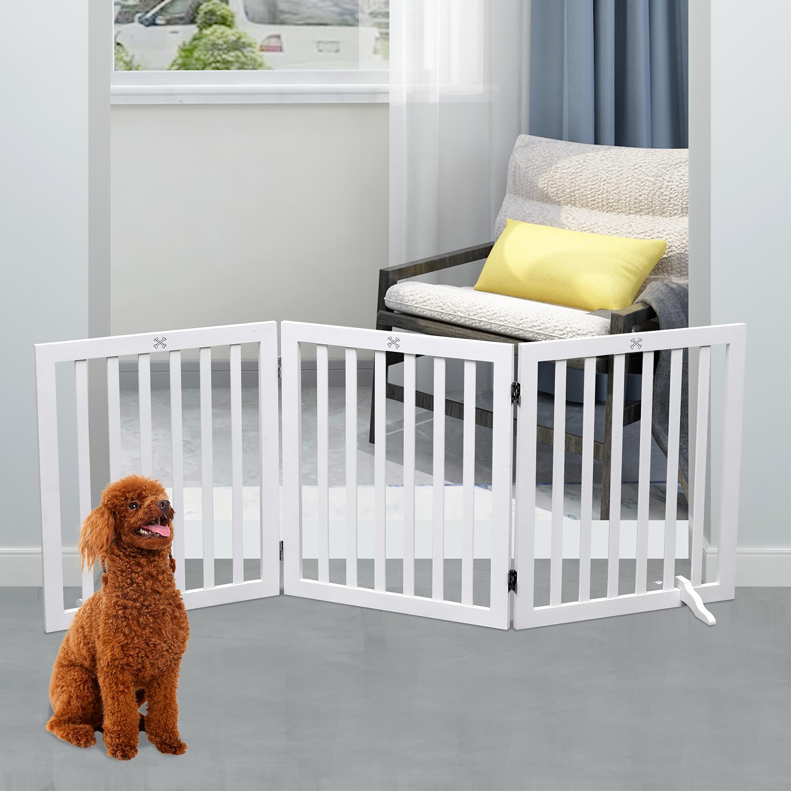 JINHYUMY Wooden Freestanding Dog Gate Indoor Pet Fence 3 Panel 23.6 Inch Height for Doorways and Stairs White - View 5 of 7