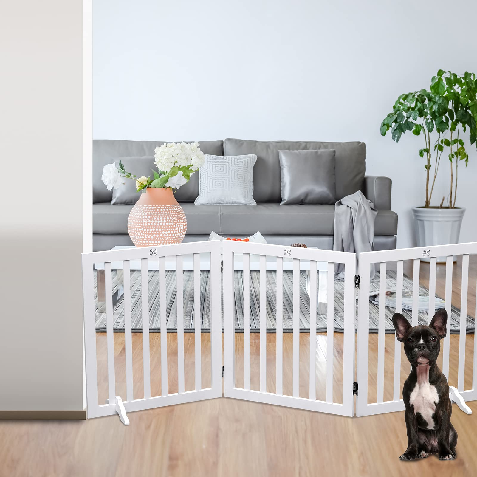 JINHYUMY Wooden Freestanding Dog Gate Indoor Pet Fence 3 Panel 23.6 Inch Height for Doorways and Stairs White - View 6 of 7