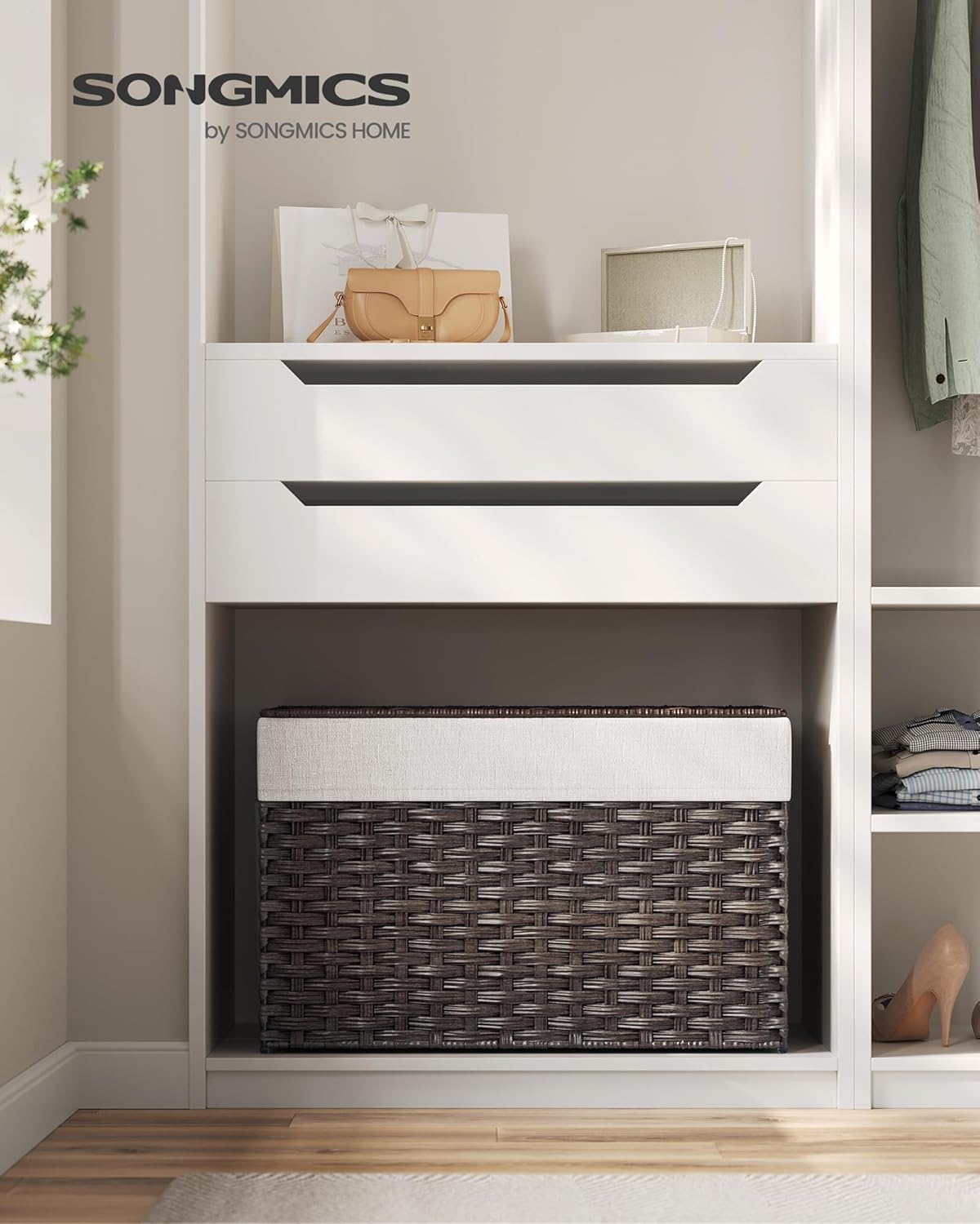 SONGMICS SONGMICS 27.7 Gallon Storage Basket with Lid Foldable Woven Blanket Bin with Handles Removable Liner Metal Frame for Bedroom Laundry Room Brown - View 2 of 9