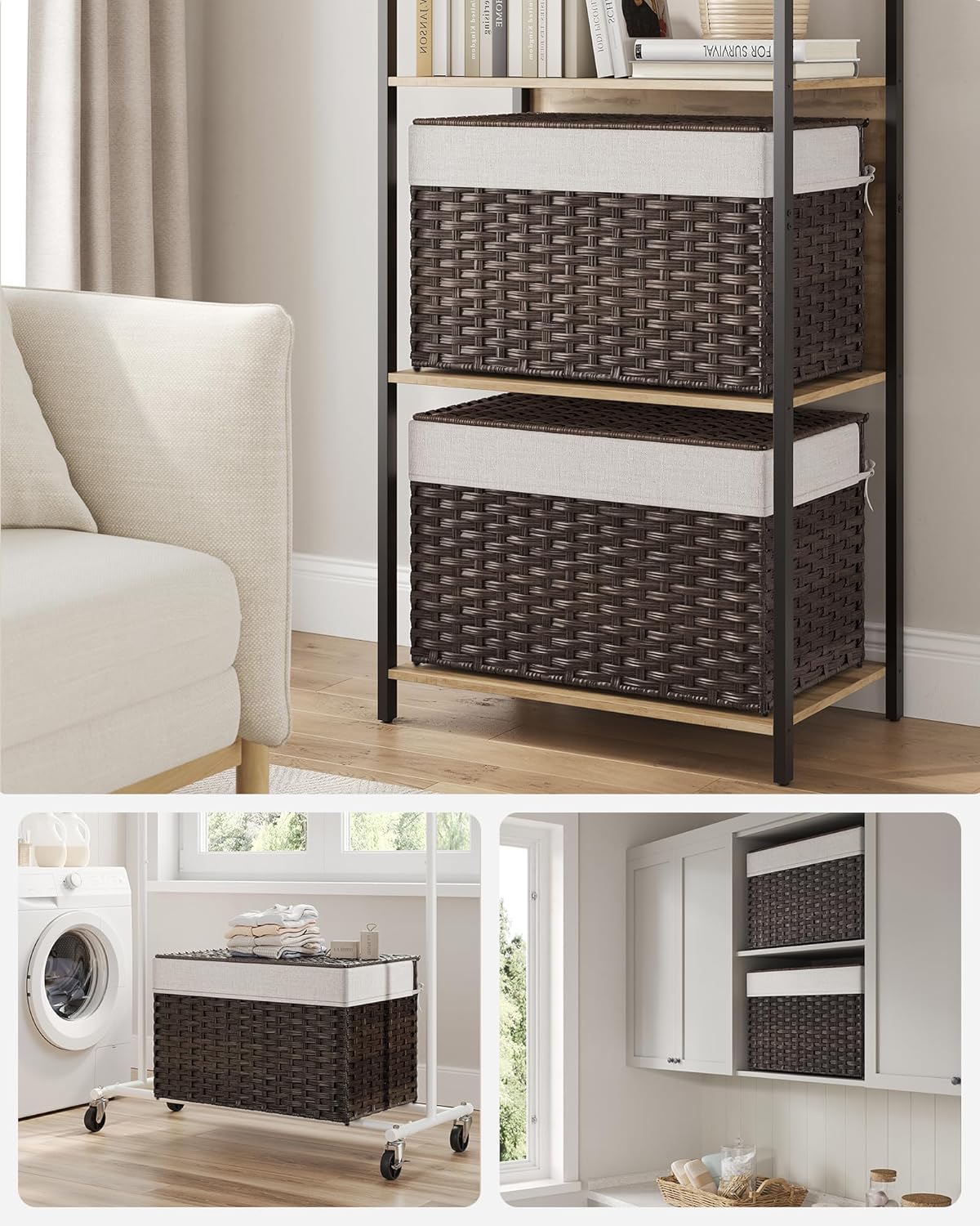 SONGMICS SONGMICS 27.7 Gallon Storage Basket with Lid Foldable Woven Blanket Bin with Handles Removable Liner Metal Frame for Bedroom Laundry Room Brown - View 3 of 9