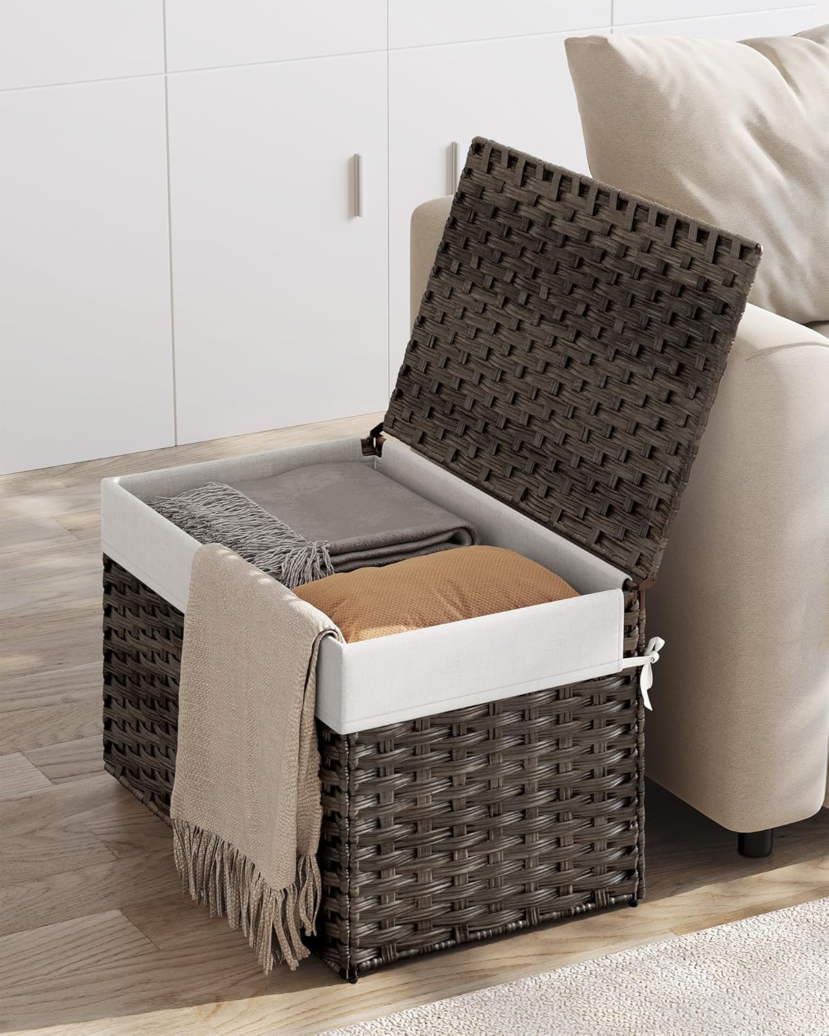 SONGMICS SONGMICS 27.7 Gallon Storage Basket with Lid Foldable Woven Blanket Bin with Handles Removable Liner Metal Frame for Bedroom Laundry Room Brown - View 4 of 9