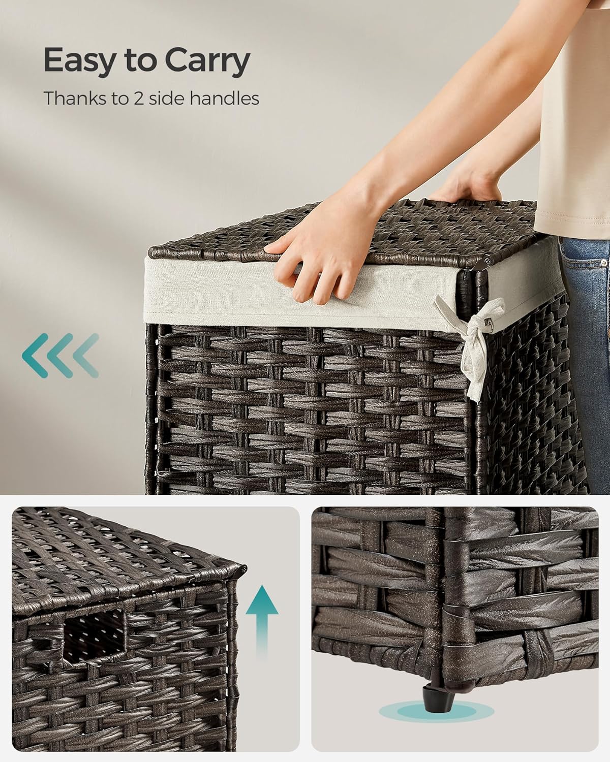 SONGMICS SONGMICS 27.7 Gallon Storage Basket with Lid Foldable Woven Blanket Bin with Handles Removable Liner Metal Frame for Bedroom Laundry Room Brown - View 6 of 9