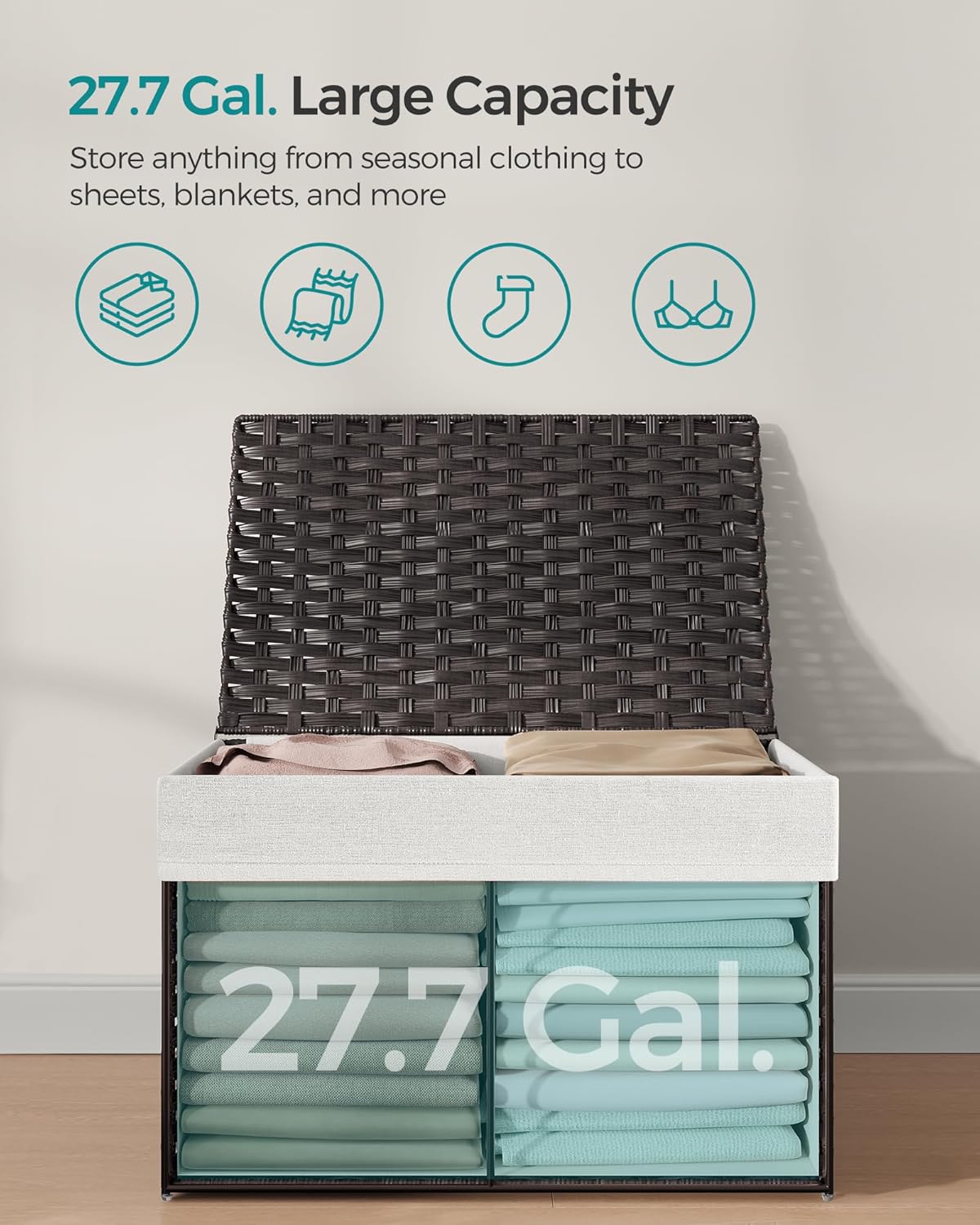 SONGMICS SONGMICS 27.7 Gallon Storage Basket with Lid Foldable Woven Blanket Bin with Handles Removable Liner Metal Frame for Bedroom Laundry Room Brown - View 7 of 9