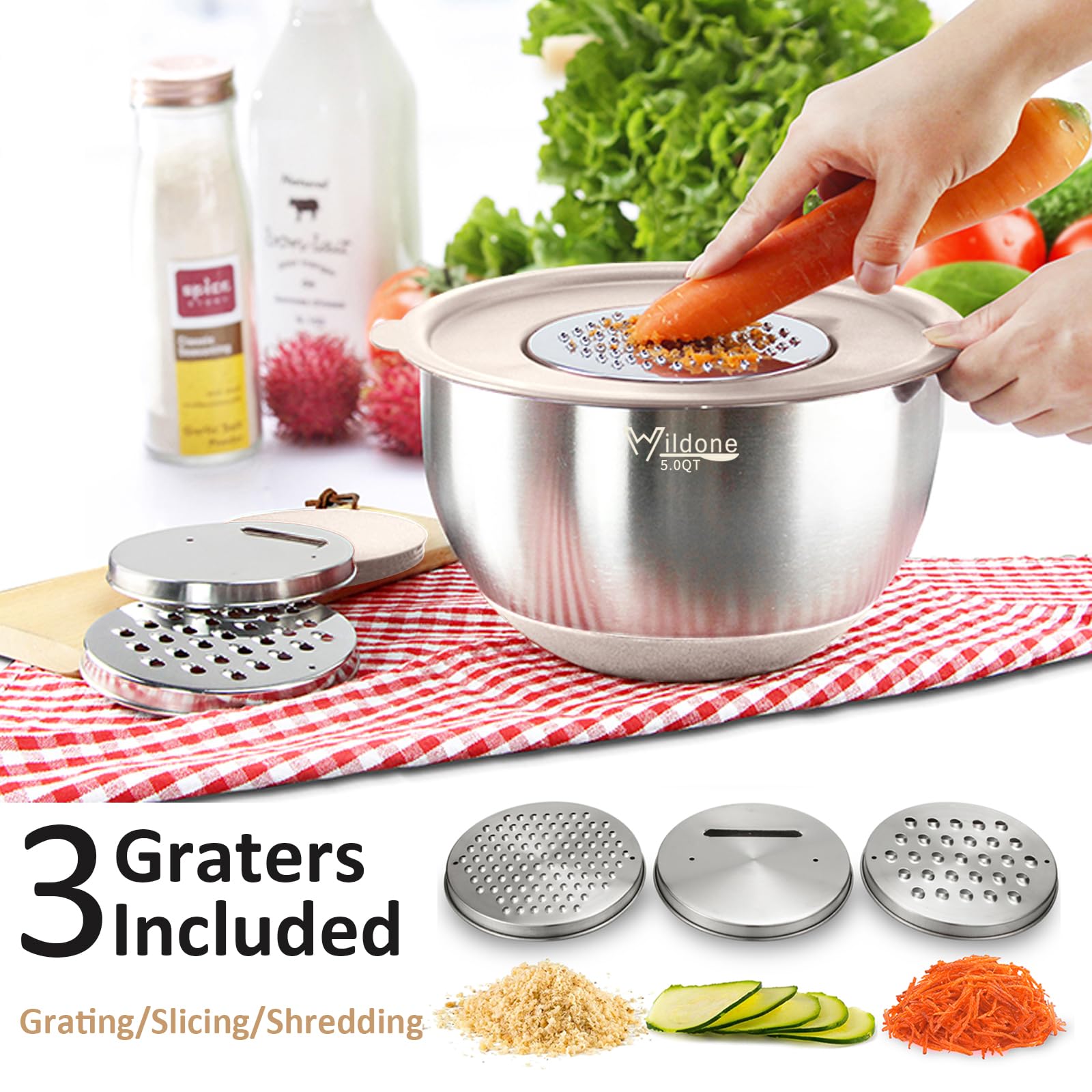 Wildone Wildone Mixing Bowls Set 27 PCS Stainless Steel with Airtight Lids Grater Attachments Non-Slip Bottom Ideal for Mixing and Prepping - View 2 of 7