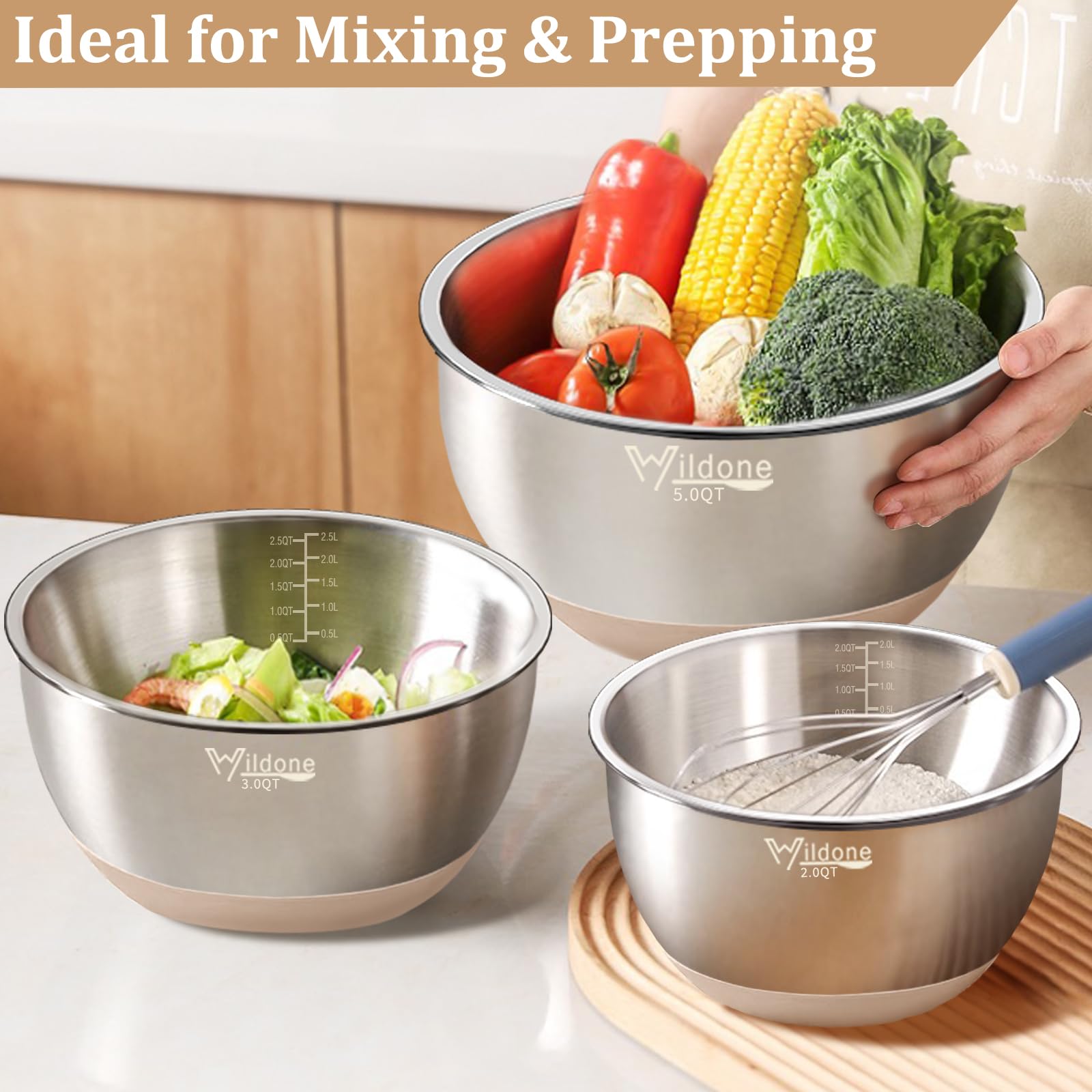 Wildone Wildone Mixing Bowls Set 27 PCS Stainless Steel with Airtight Lids Grater Attachments Non-Slip Bottom Ideal for Mixing and Prepping - View 5 of 7