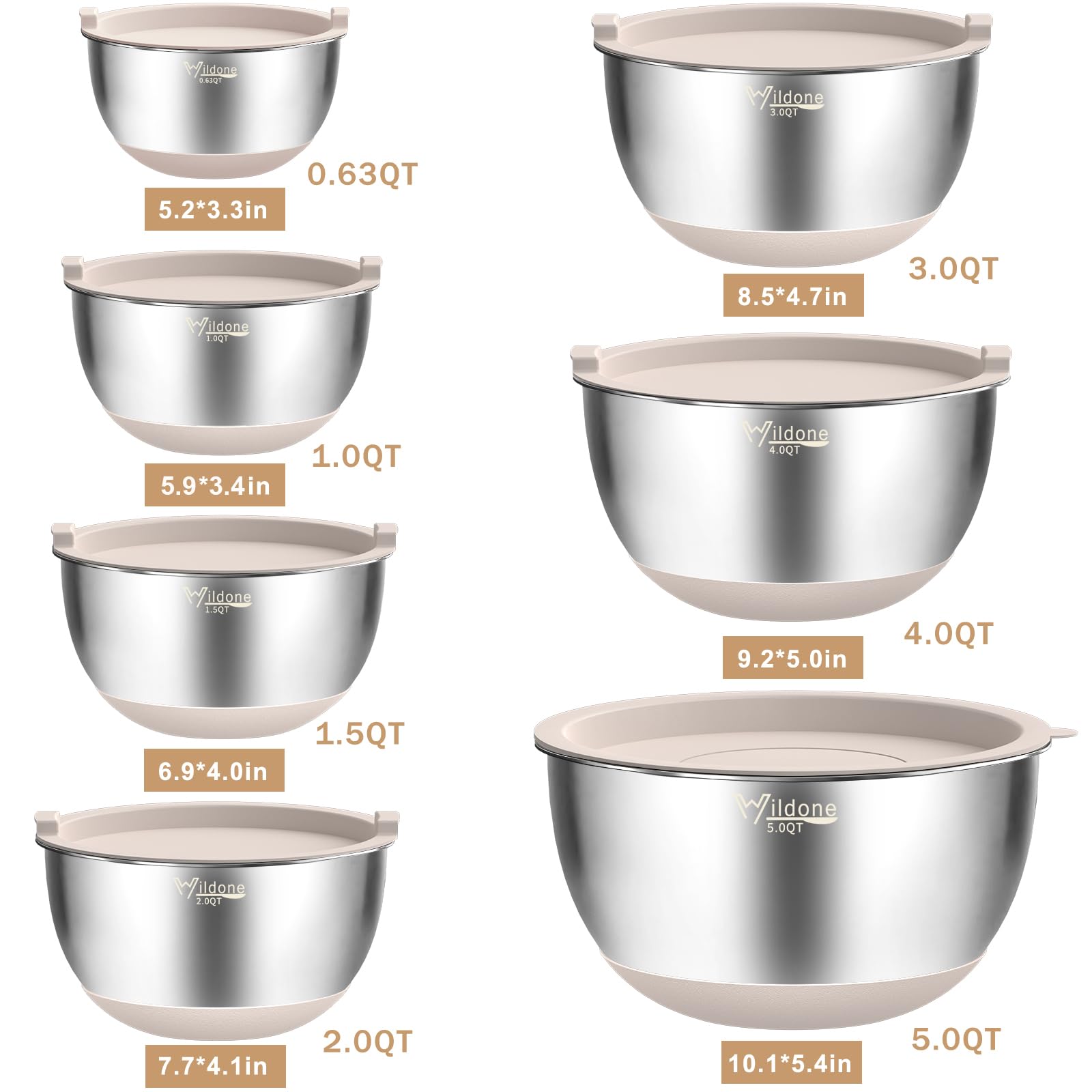 Wildone Wildone Mixing Bowls Set 27 PCS Stainless Steel with Airtight Lids Grater Attachments Non-Slip Bottom Ideal for Mixing and Prepping - View 7 of 7