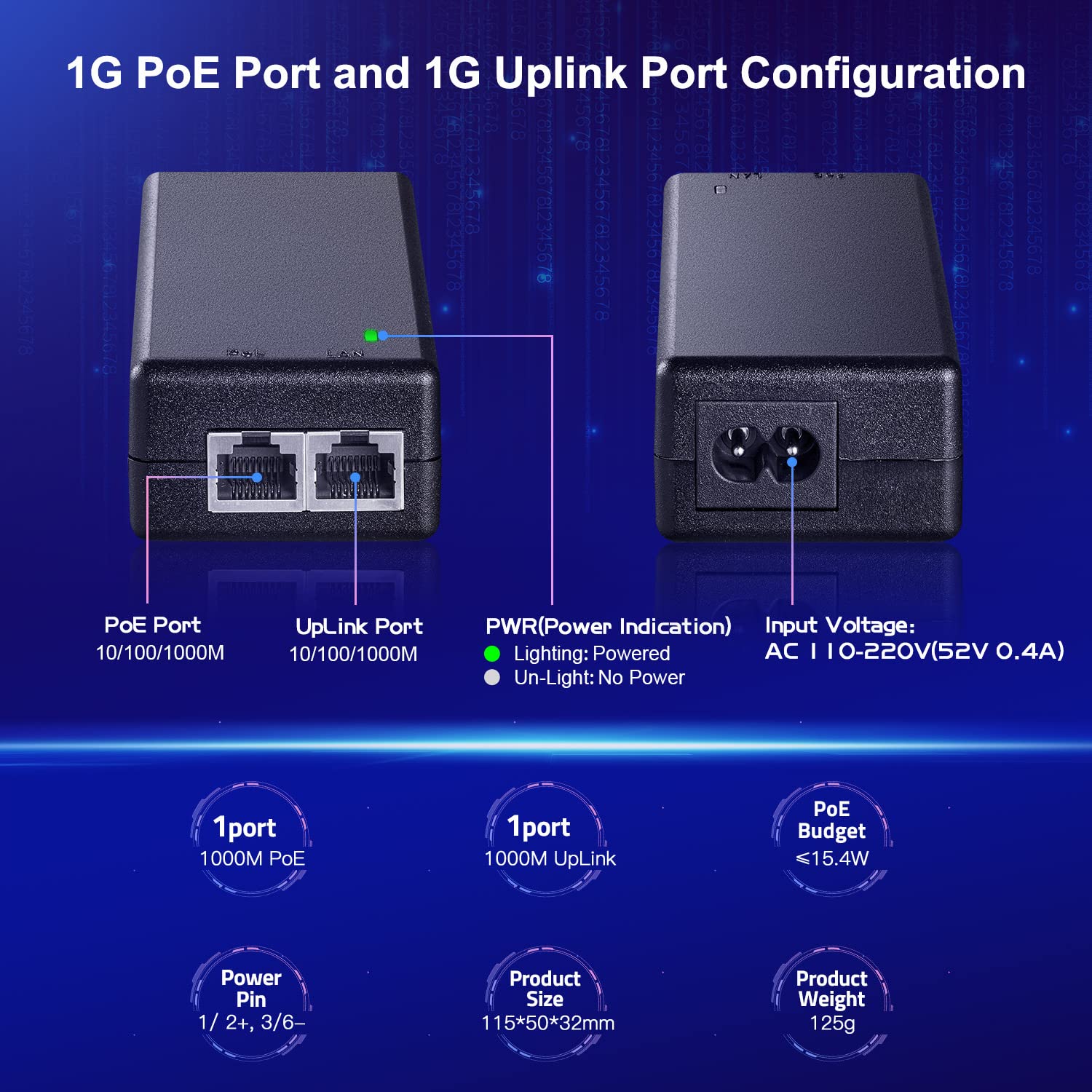 MokerLink MokerLink Gigabit PoE Injector 802.3af/at 30W 10/100/1000Mbps Ethernet Plug and Play Non-PoE to PoE Adapter Distance Up to 100 Meters - View 3 of 8