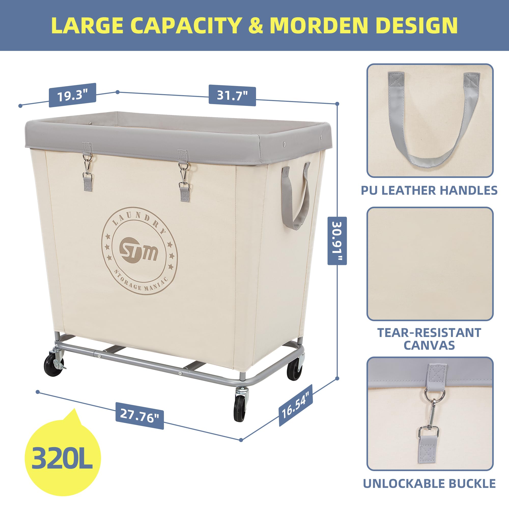 STORAGE MANIAC STORAGE MANIAC Commercial Laundry Hamper Heavy Duty Steel Frame 320L Industrial Basket Cart with Wheels for Home Hotel Laundry Room Beige - View 2 of 9