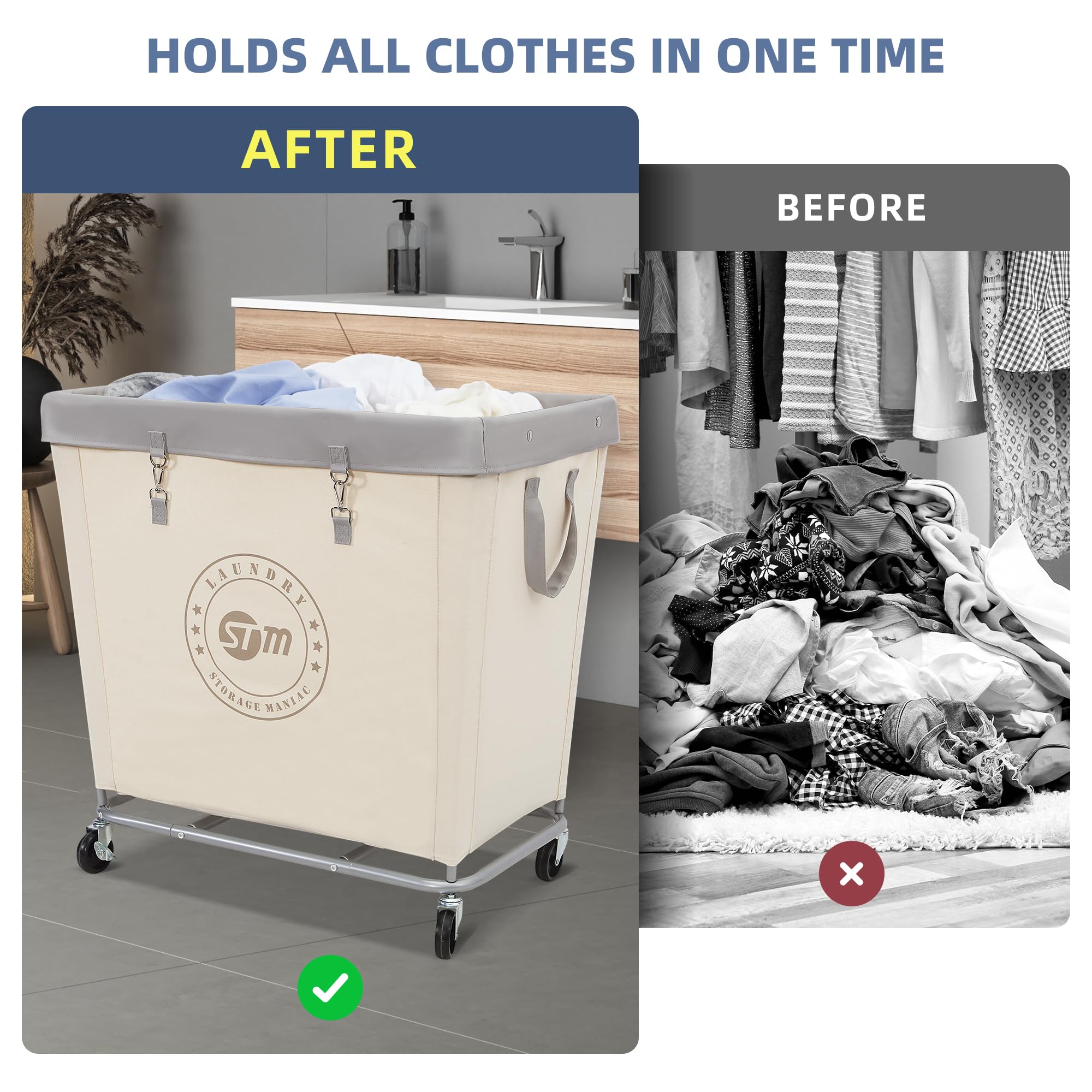 STORAGE MANIAC STORAGE MANIAC Commercial Laundry Hamper Heavy Duty Steel Frame 320L Industrial Basket Cart with Wheels for Home Hotel Laundry Room Beige - View 3 of 9