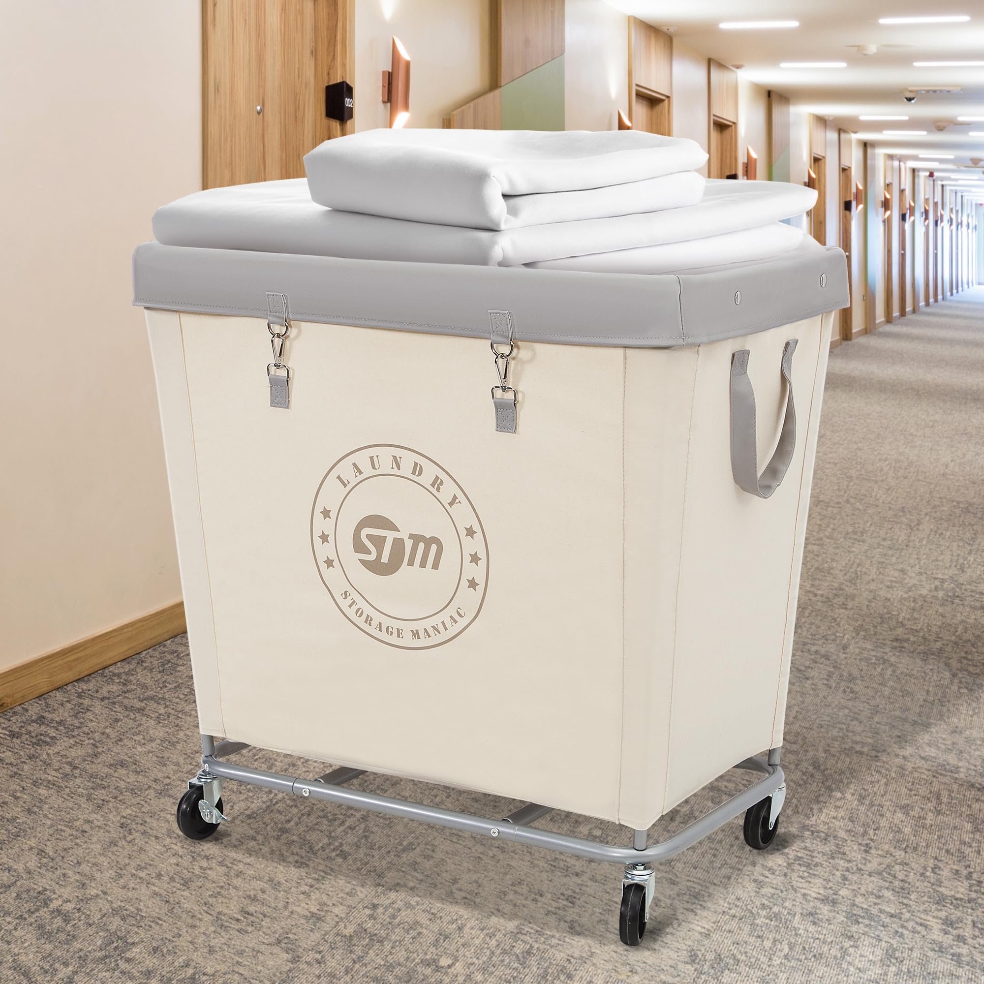 STORAGE MANIAC STORAGE MANIAC Commercial Laundry Hamper Heavy Duty Steel Frame 320L Industrial Basket Cart with Wheels for Home Hotel Laundry Room Beige - View 7 of 9