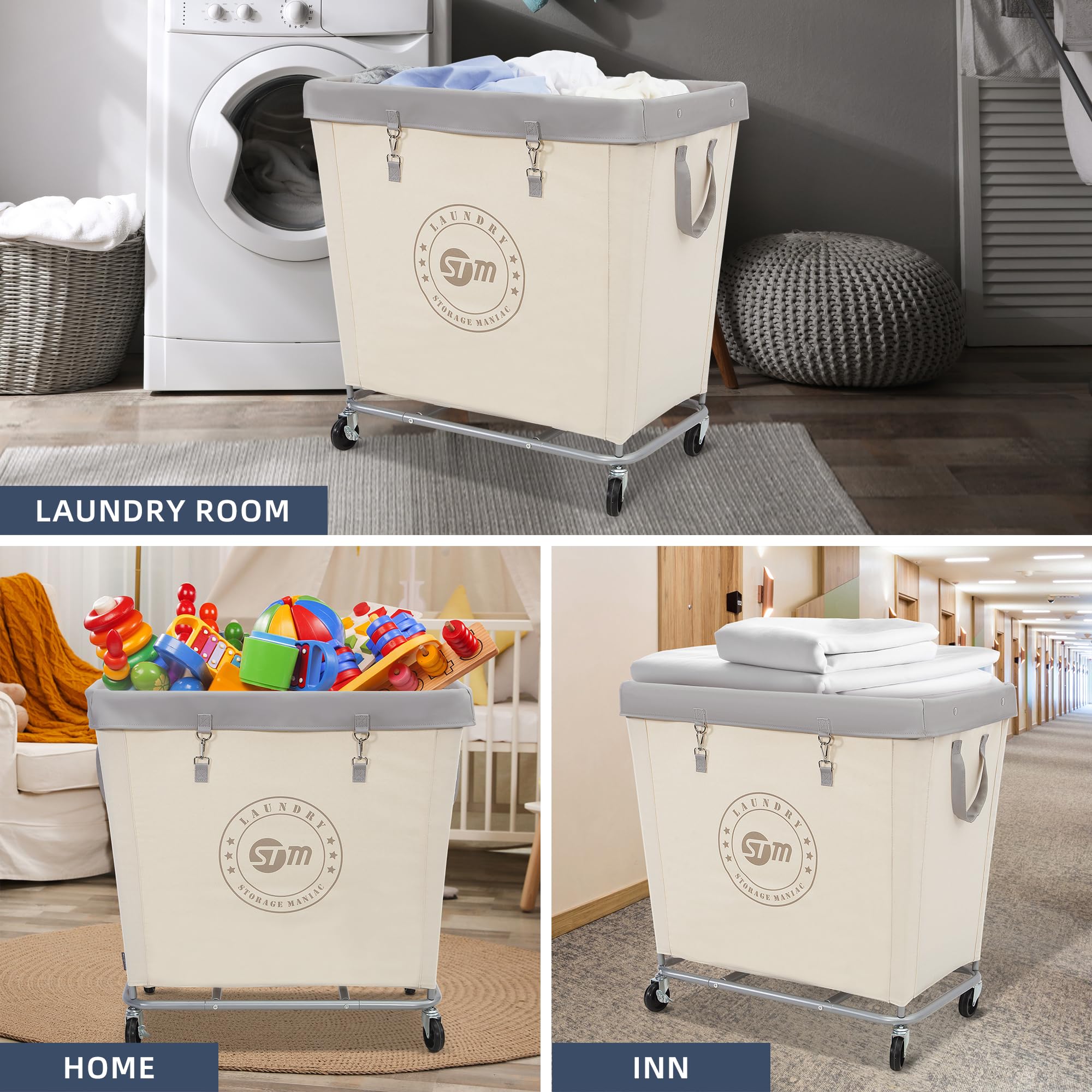 STORAGE MANIAC STORAGE MANIAC Commercial Laundry Hamper Heavy Duty Steel Frame 320L Industrial Basket Cart with Wheels for Home Hotel Laundry Room Beige - View 9 of 9