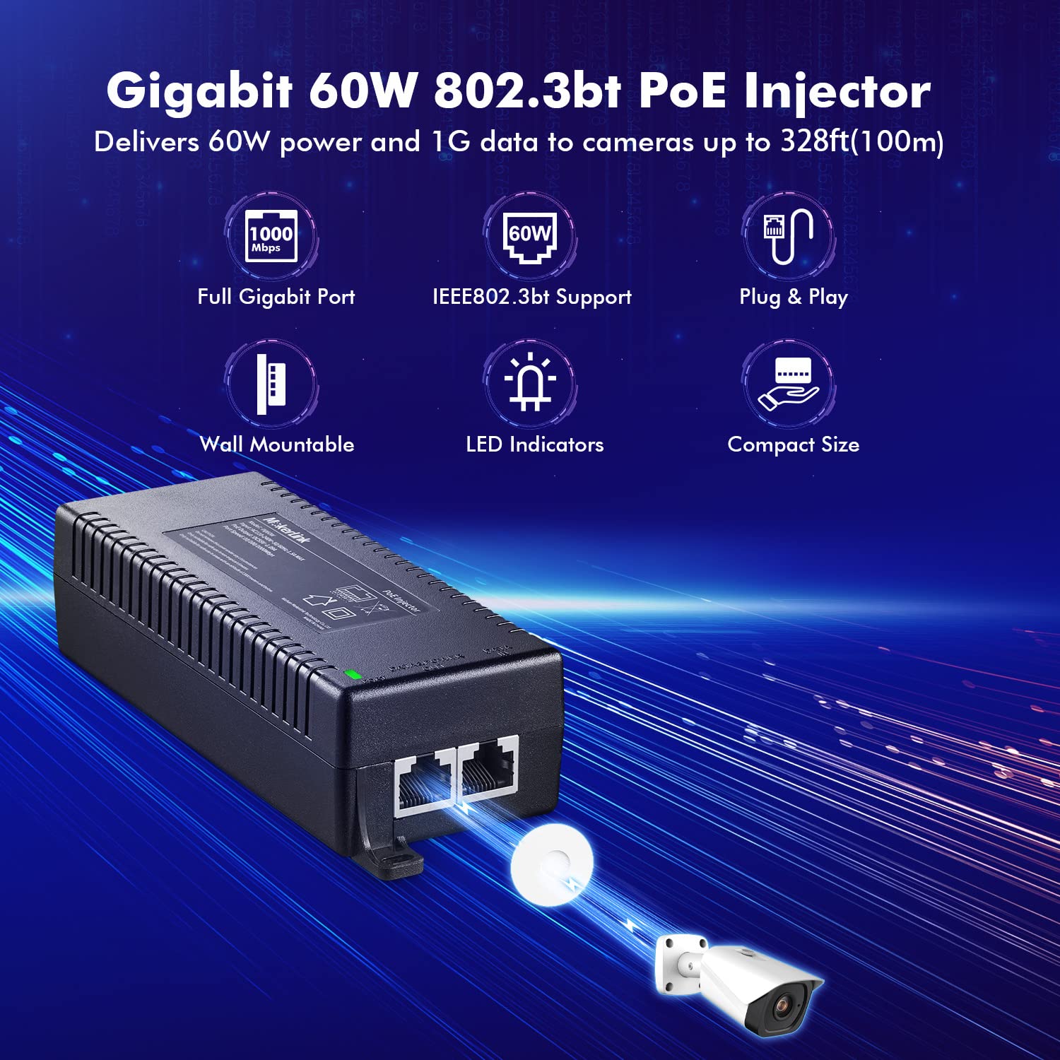 MokerLink MokerLink Gigabit PoE Injector 802.3af/at/bt 60W 10/100/1000Mbps Ethernet Plug and Play Distance Up to 100 Meters - View 2 of 9