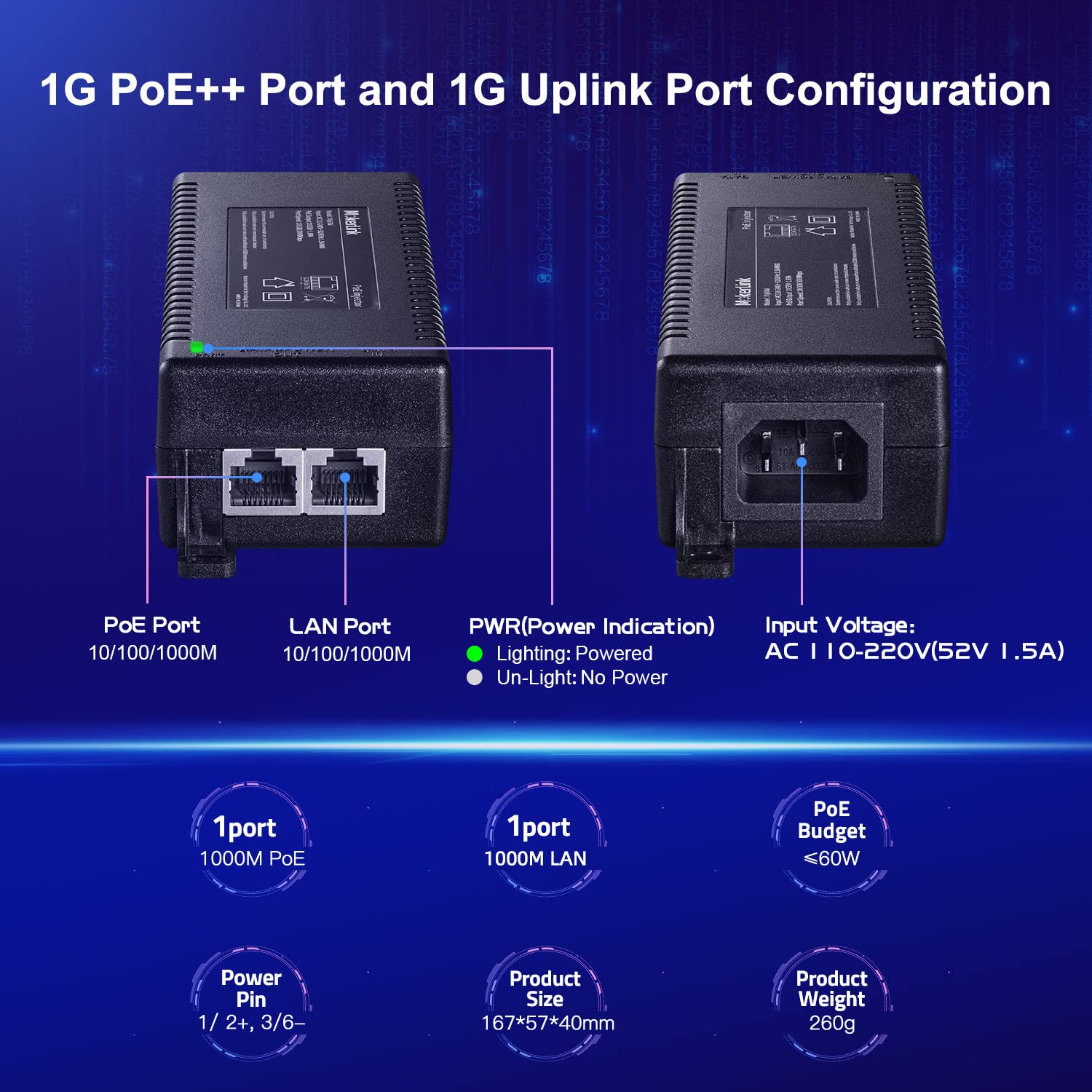 MokerLink MokerLink Gigabit PoE Injector 802.3af/at/bt 60W 10/100/1000Mbps Ethernet Plug and Play Distance Up to 100 Meters - View 3 of 9
