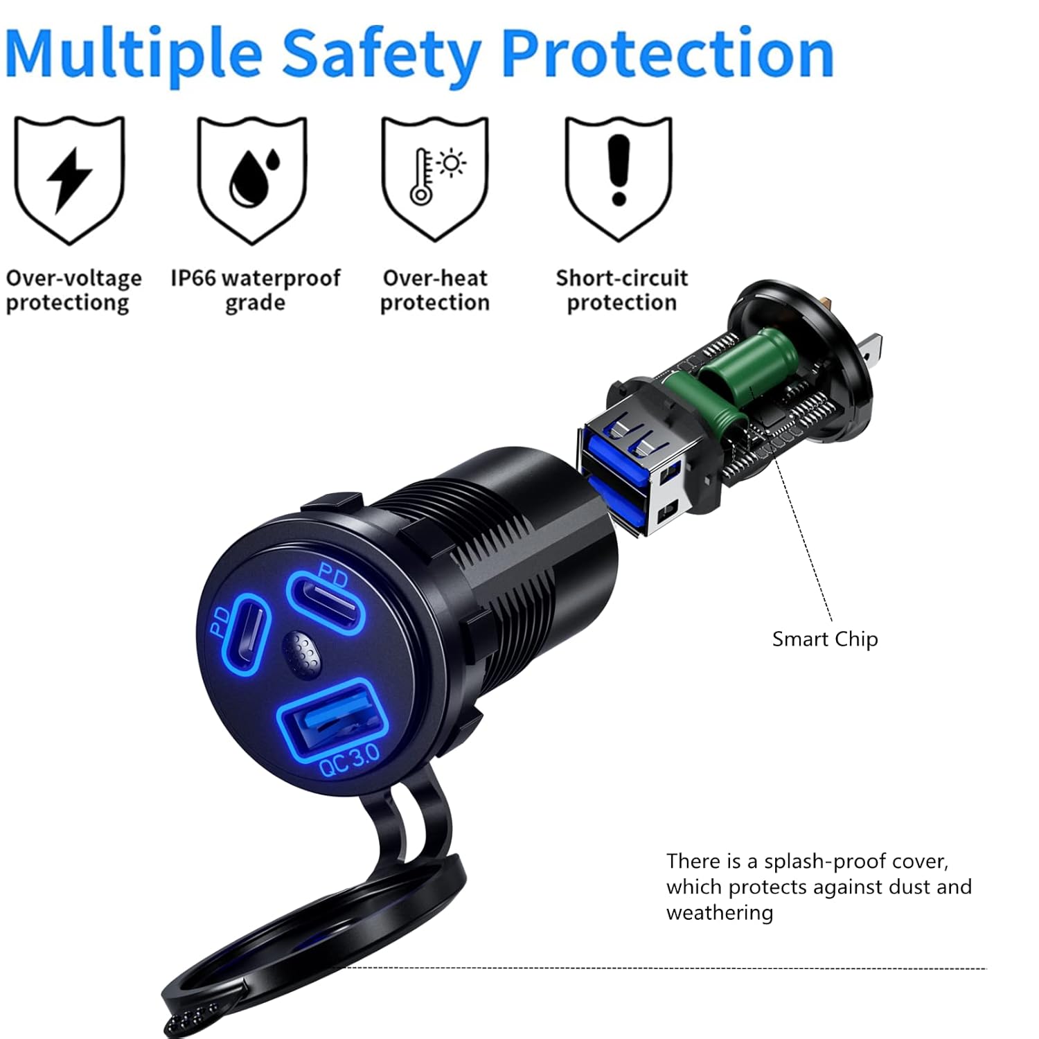 Kewig KEWIG 12V USB Outlet Quick Charge 3.0 & Dual PD Type-C Ports - Waterproof Car Charger for RV, Boat, ATV & Golf - View 5 of 7