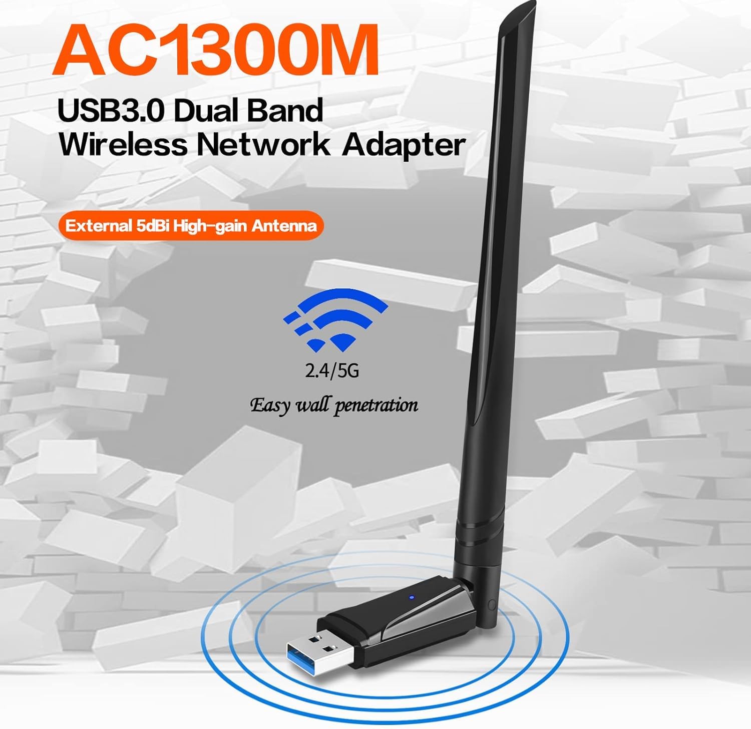 BUANIIH High Speed USB WiFi Adapter 1300Mbps Dual Band 2.4GHz 5GHz with 5dBi Antenna Compatible with Windows and Mac OS - View 2 of 6