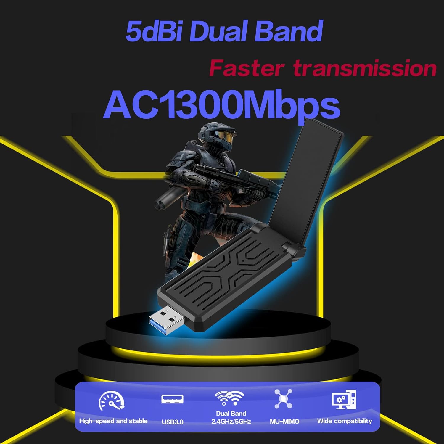 BUANIIH WiFi Adapter AC1300Mbps for Desktop PC Dual-Band Long Range USB 3.0 High Gain Antenna Compatible with Windows and Mac OS - View 2 of 7