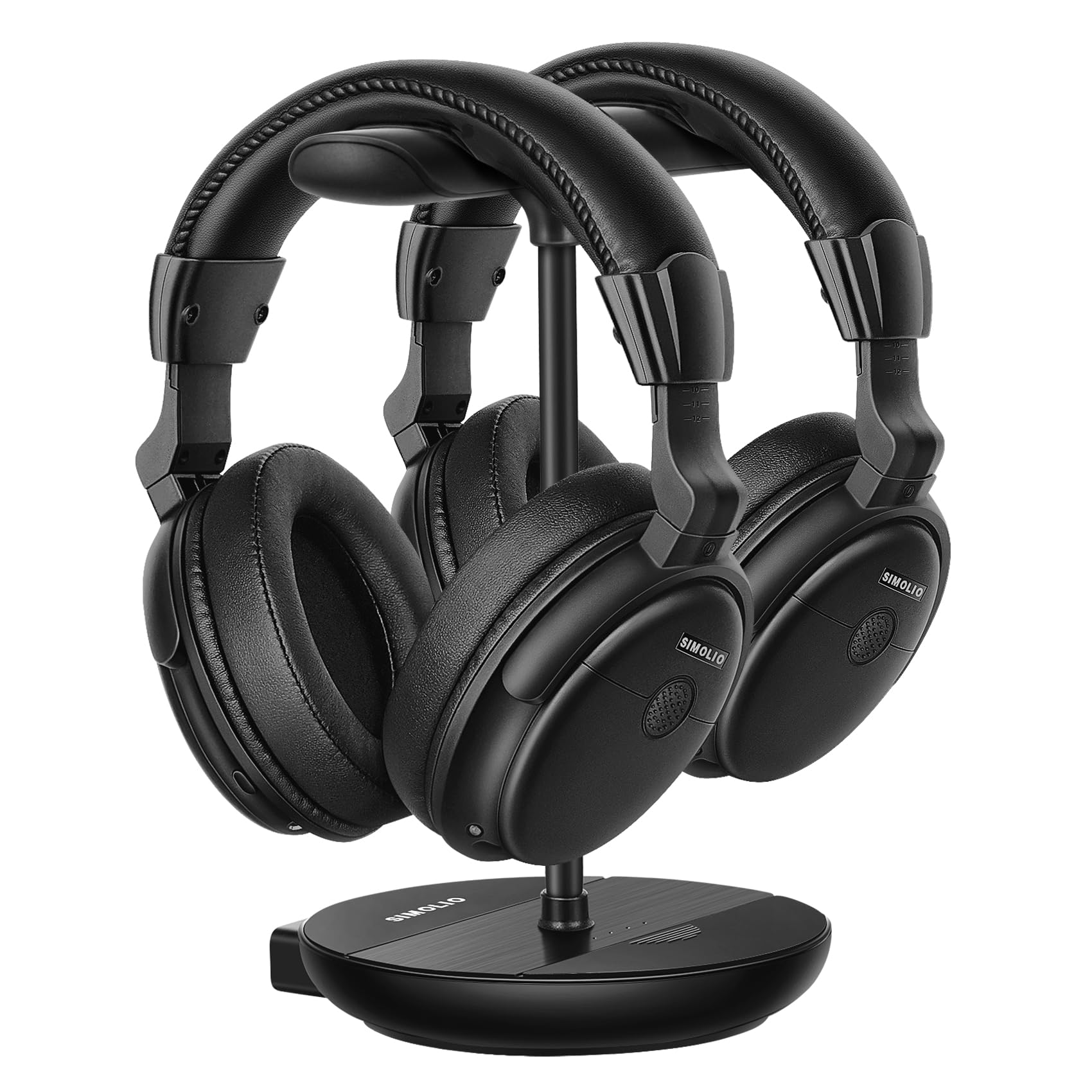 SIMOLIO Dual Wireless Headphones for TV Watching w 2.4G Transmitter and Charging Stand and Spare Battery, Dialog Clarifying, by-Pass, Tone and