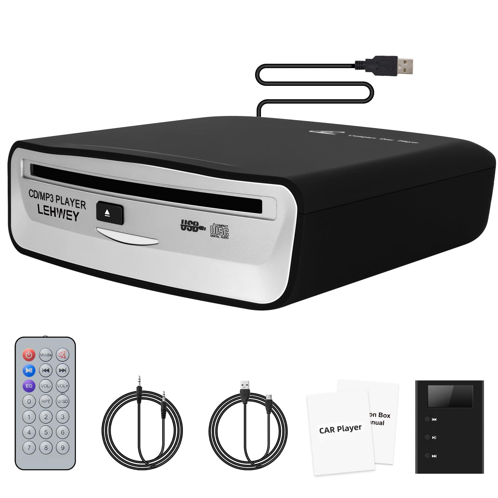 External Universal CD Player for Car - Lehwey Portable Car CD Players with AUX Cable and Remote Control, Plugs into Cars USB Port, Laptop, TV, Mac,