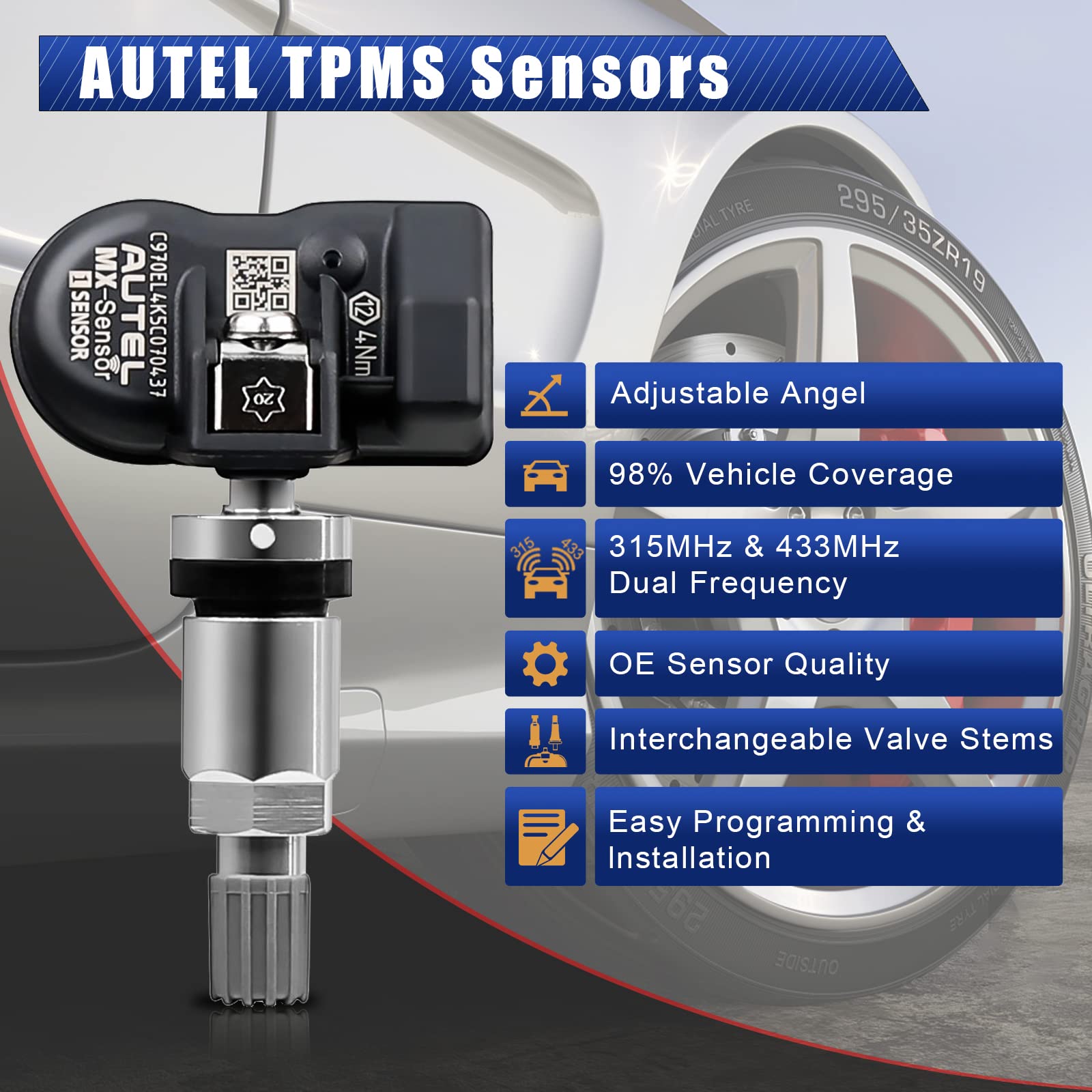 Autel TPMS Sensor MX-Sensor Tire Pressure Sensor 1-Sensor 315MHz +433MHz Dual Frequency Tire Replacement Sensor Universal Programmable TPMS Sensors - View 2 of 7