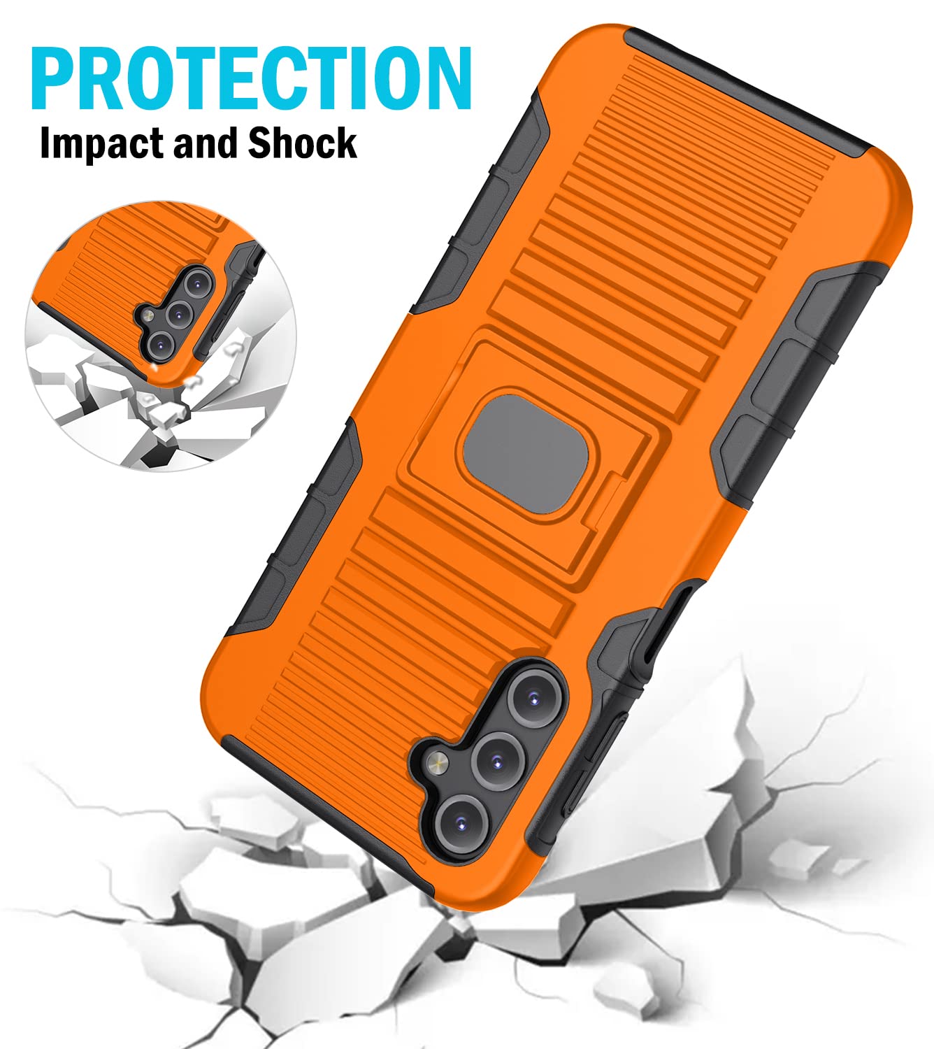 Case with Clip for Galaxy A14 5G (2023), Nakedcellphone Rugged Ring Grip Cover with Stand and [Belt Hip Holster] for Samsung SM-A146 - Bright Orange - View 5 of 9