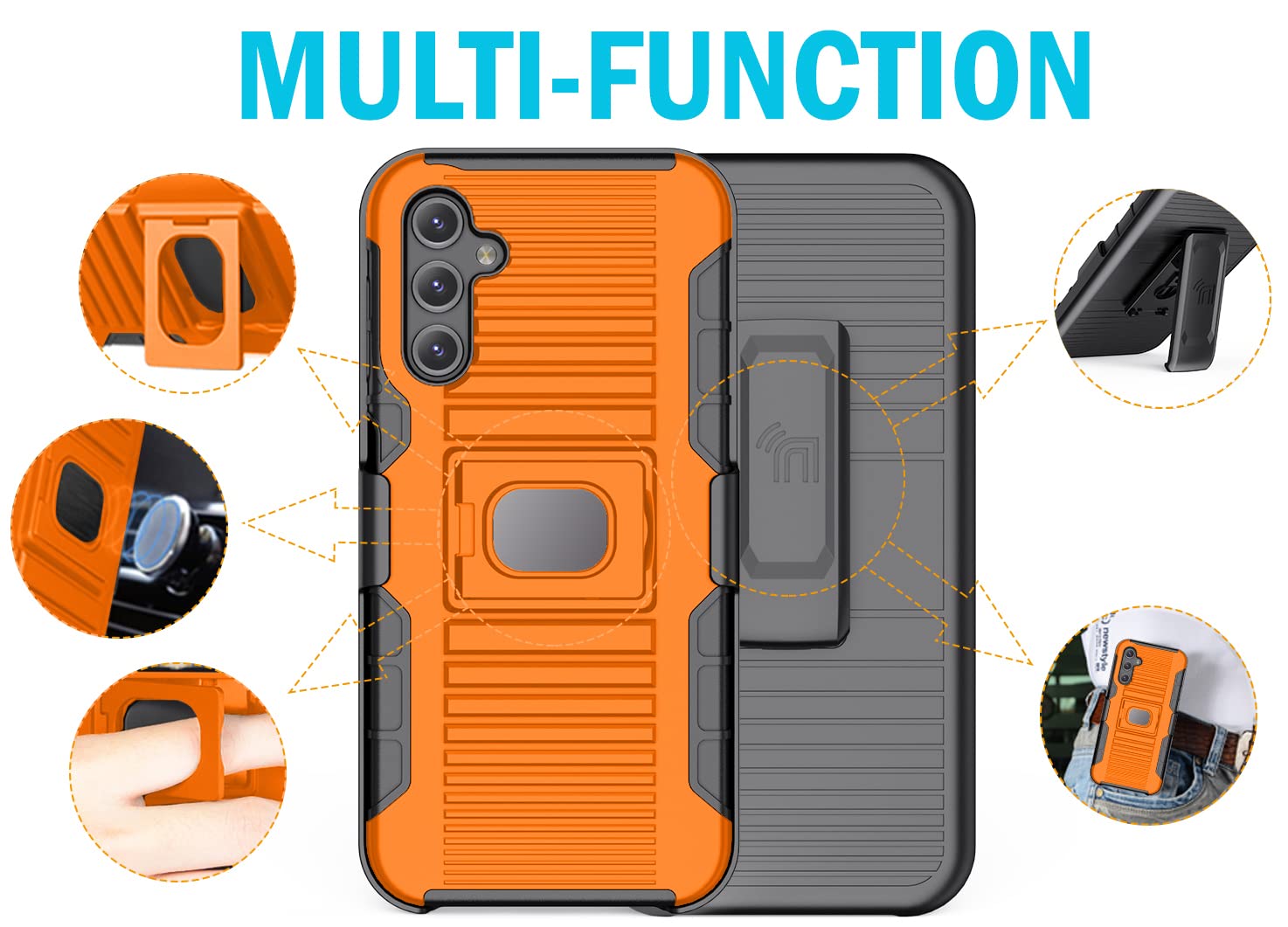 Case with Clip for Galaxy A14 5G (2023), Nakedcellphone Rugged Ring Grip Cover with Stand and [Belt Hip Holster] for Samsung SM-A146 - Bright Orange - View 6 of 9