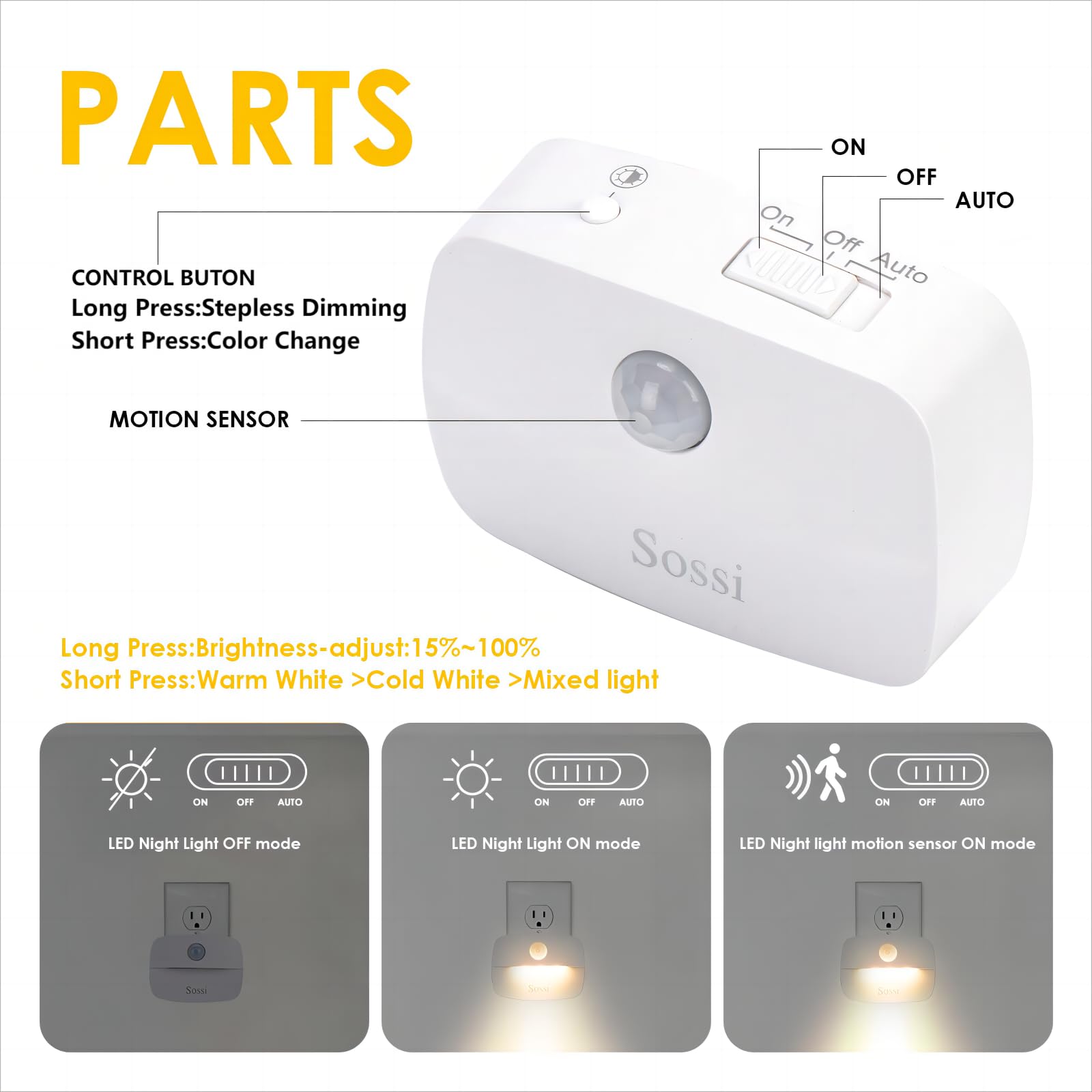 Sossi Sossi Motion Sensor Night Light Plug in 4 Pack with Dimming and Memory for Bedroom Toilet Hallway Kitchen Dusk to Dawn Sensor - View 4 of 6
