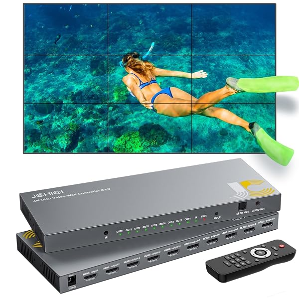 JCHICI JCHICI 3x3 Video Wall Controller 4K HD Display with 180 Degree Rotate and 10 Splicing Modes for Streaming Media