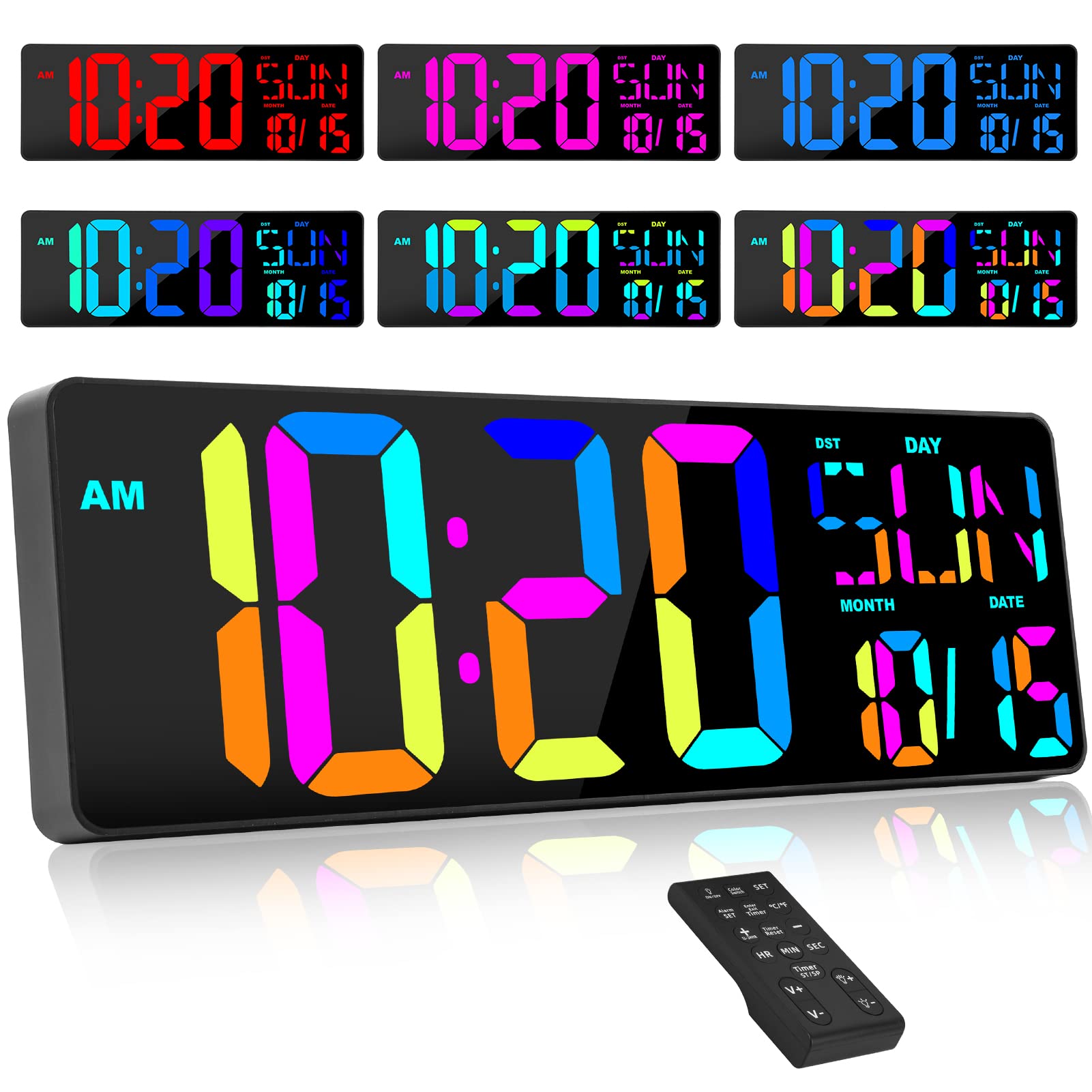 XREXS Large Digital Wall Clock with Remote Control, 17 Inch LED Large Display Count Up and Down Timer, Adjustable Brightness RGB Color Changing Clock