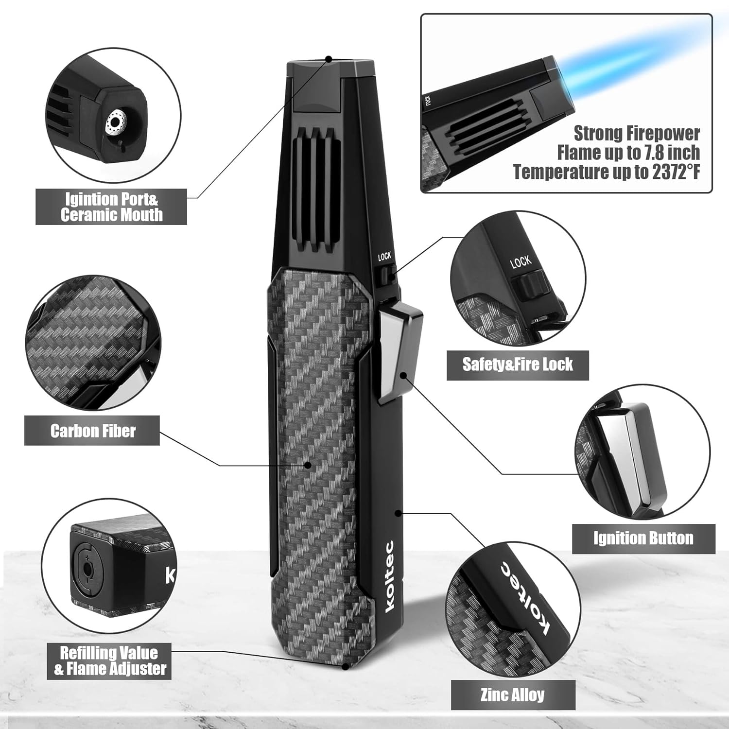KOLTEC KOLTEC Butane Torch Windproof Cooking Lighter Adjustable Jet Flame Kitchen Tool Gift Box Black - View 3 of 6