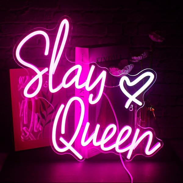FAXFSIGN Slay Queen Neon Sign Pink White LED Light for Bedroom Wall Decor Preppy Girl Aesthetic Dorm Y2K Party Gifts
