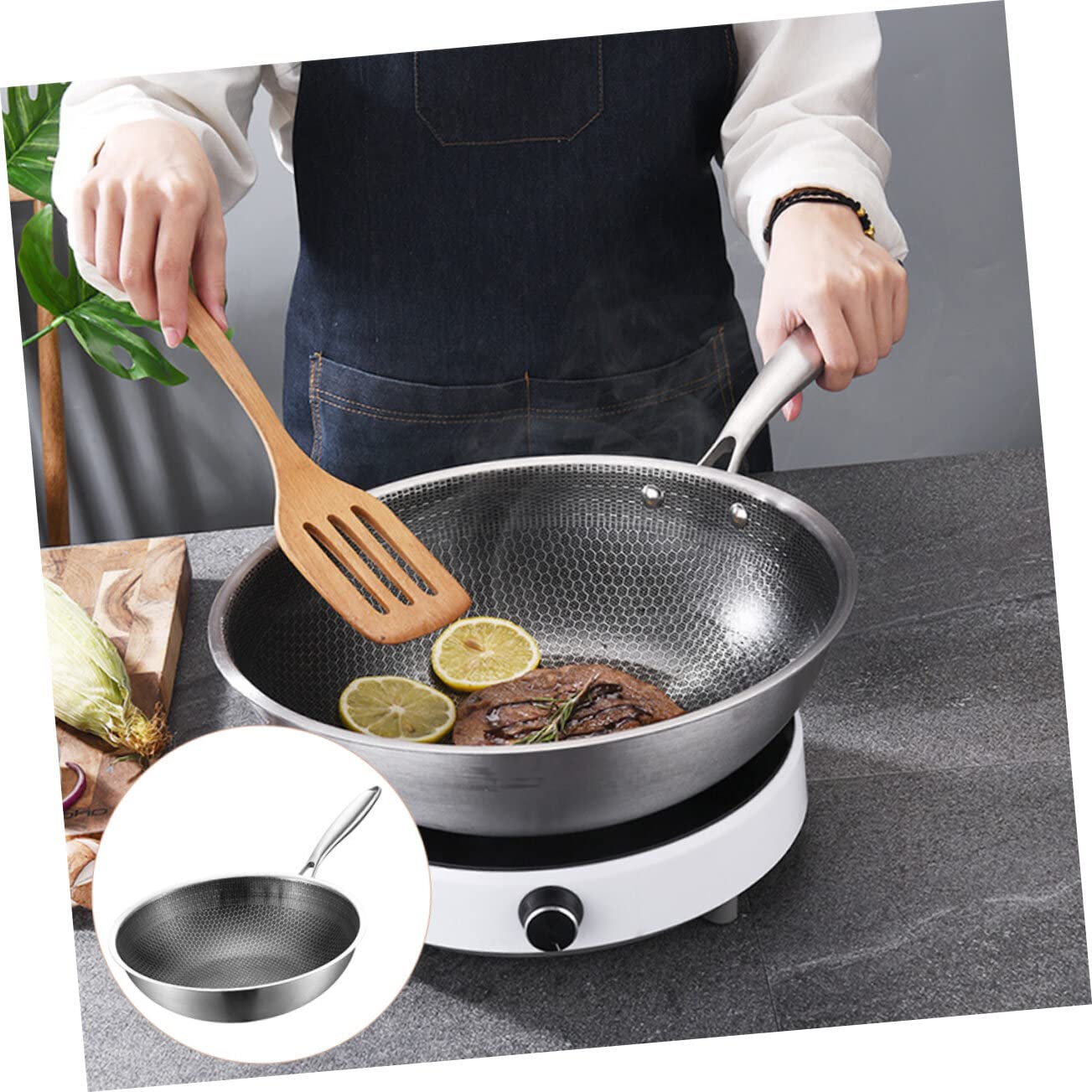 Yardwe Yardwe Stainless Steel Wok Pan Nonstick 150 Inch Ideal for Cooking Stir Fry and More - View 4 of 9